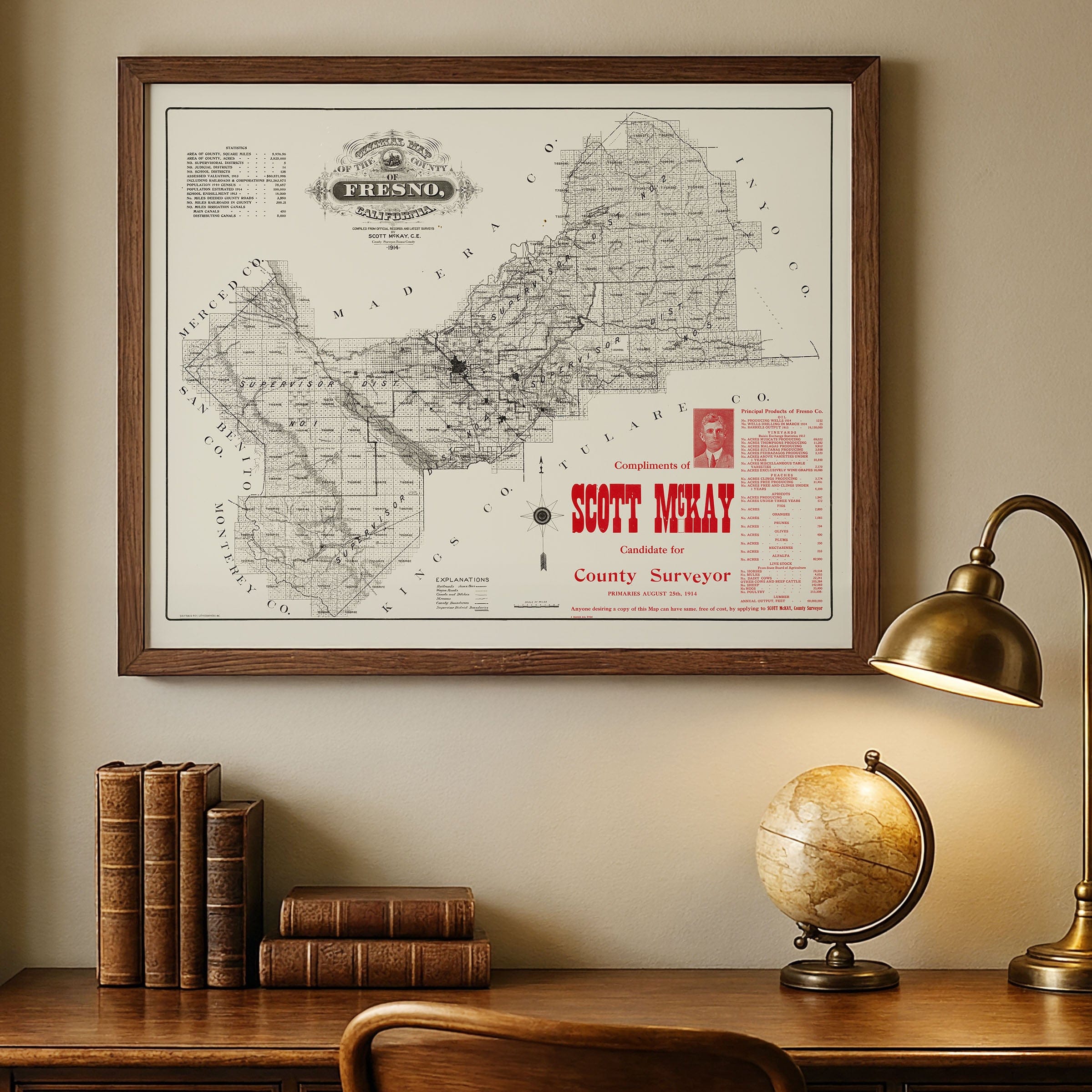 Fresno County, California Map 1914 - Agricultural Survey - Archive Prints