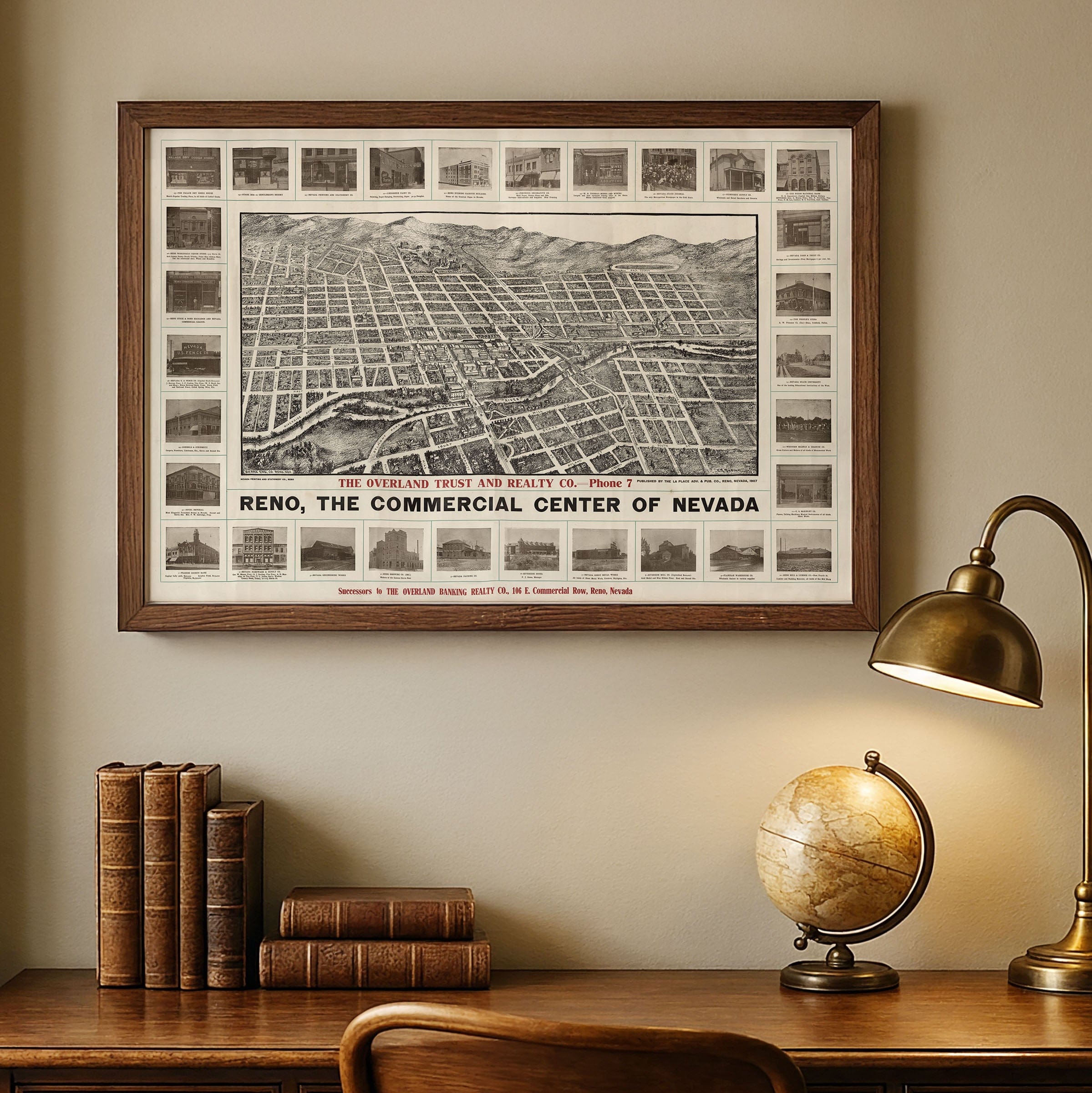 Reno, Nevada Vintage Map 1907 - Bird's Eye View - Archive Prints