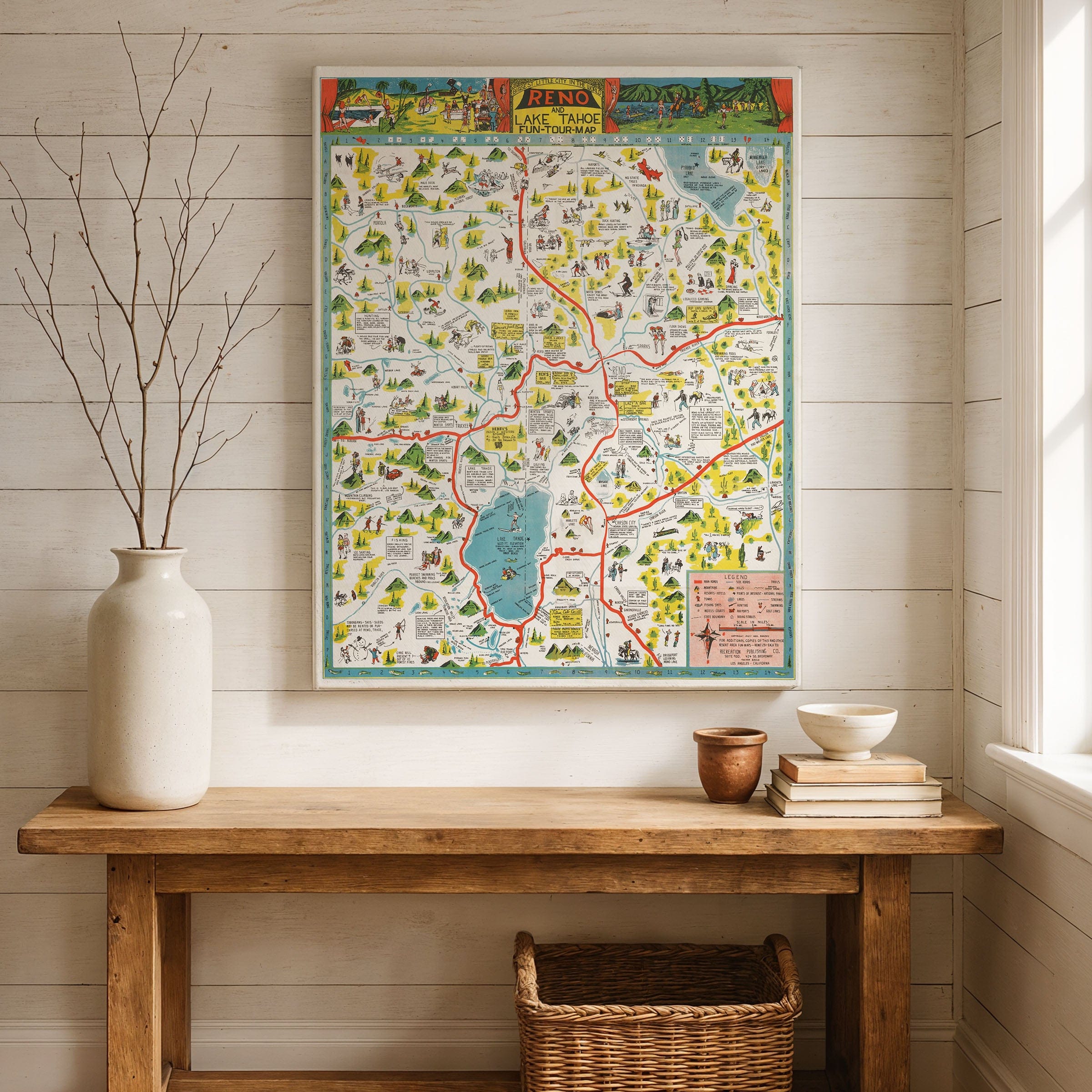 Reno & Lake Tahoe Vintage Map 1956 - Sierra Nevada Pictorial - Archive Prints