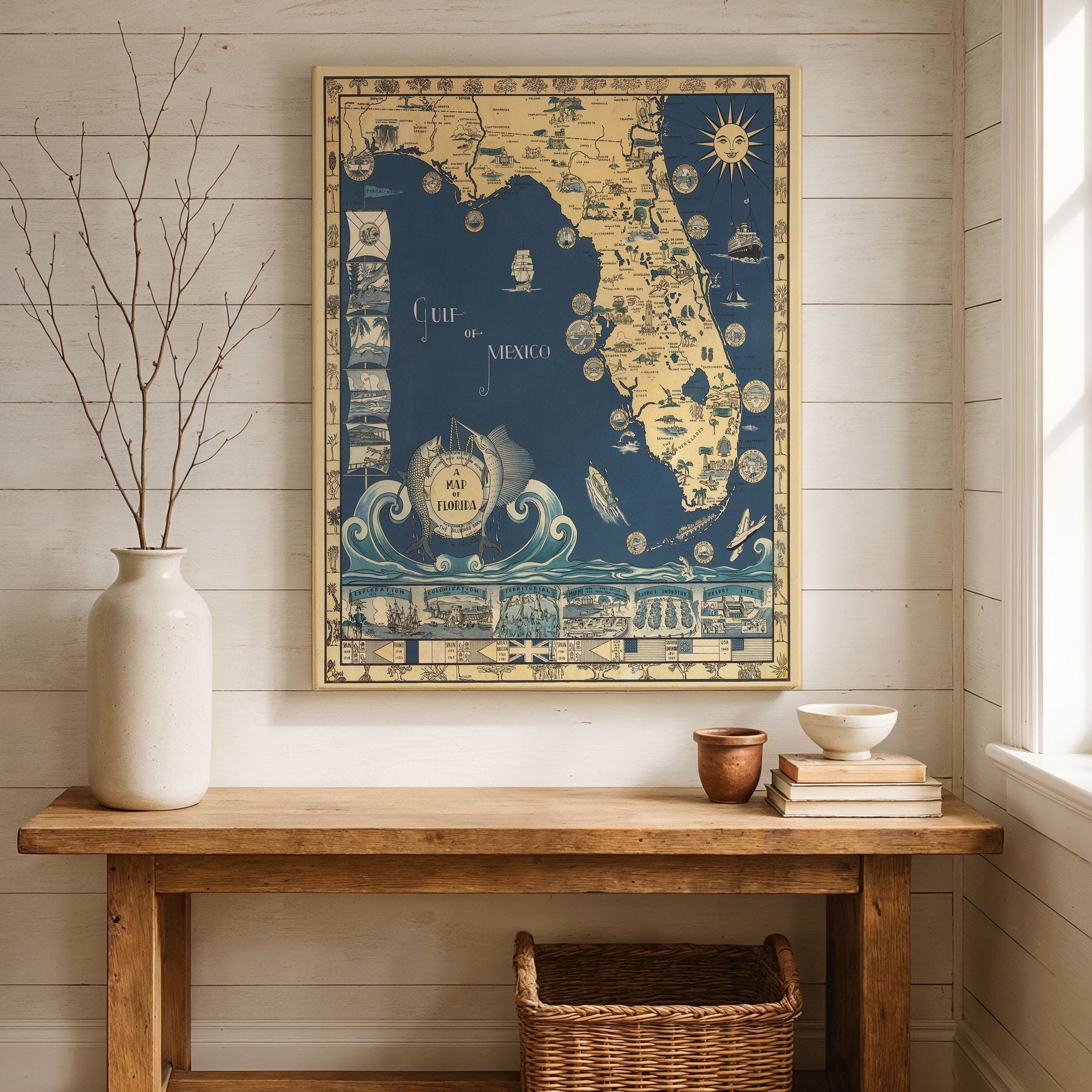 Antique Map of Florida c. 1930s - Pictorial Sunshine State - Archive Prints