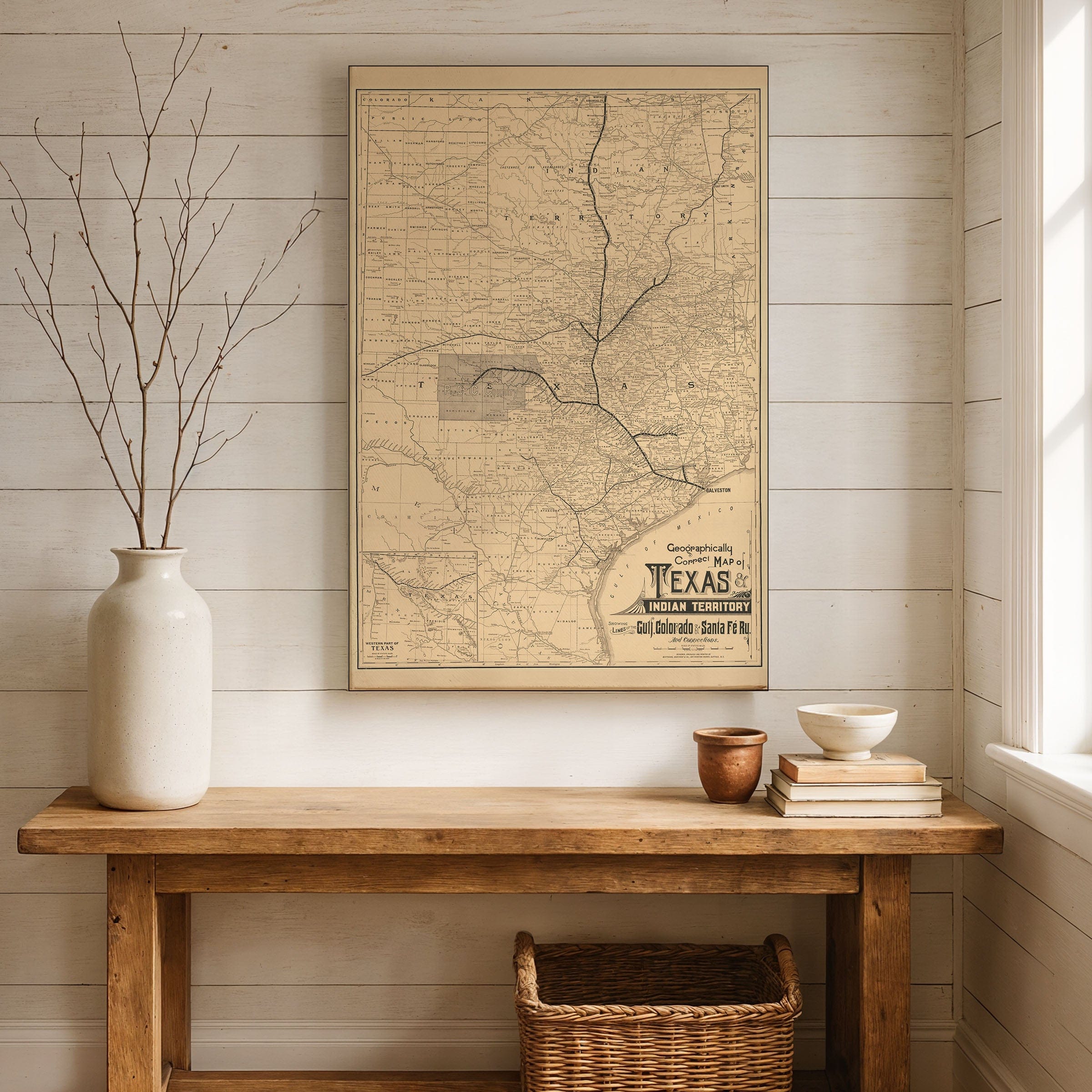 Texas Indian Territory Railway Map 1888 - Gulf Colorado & Santa Fe Railway Historical Print - Archive Prints