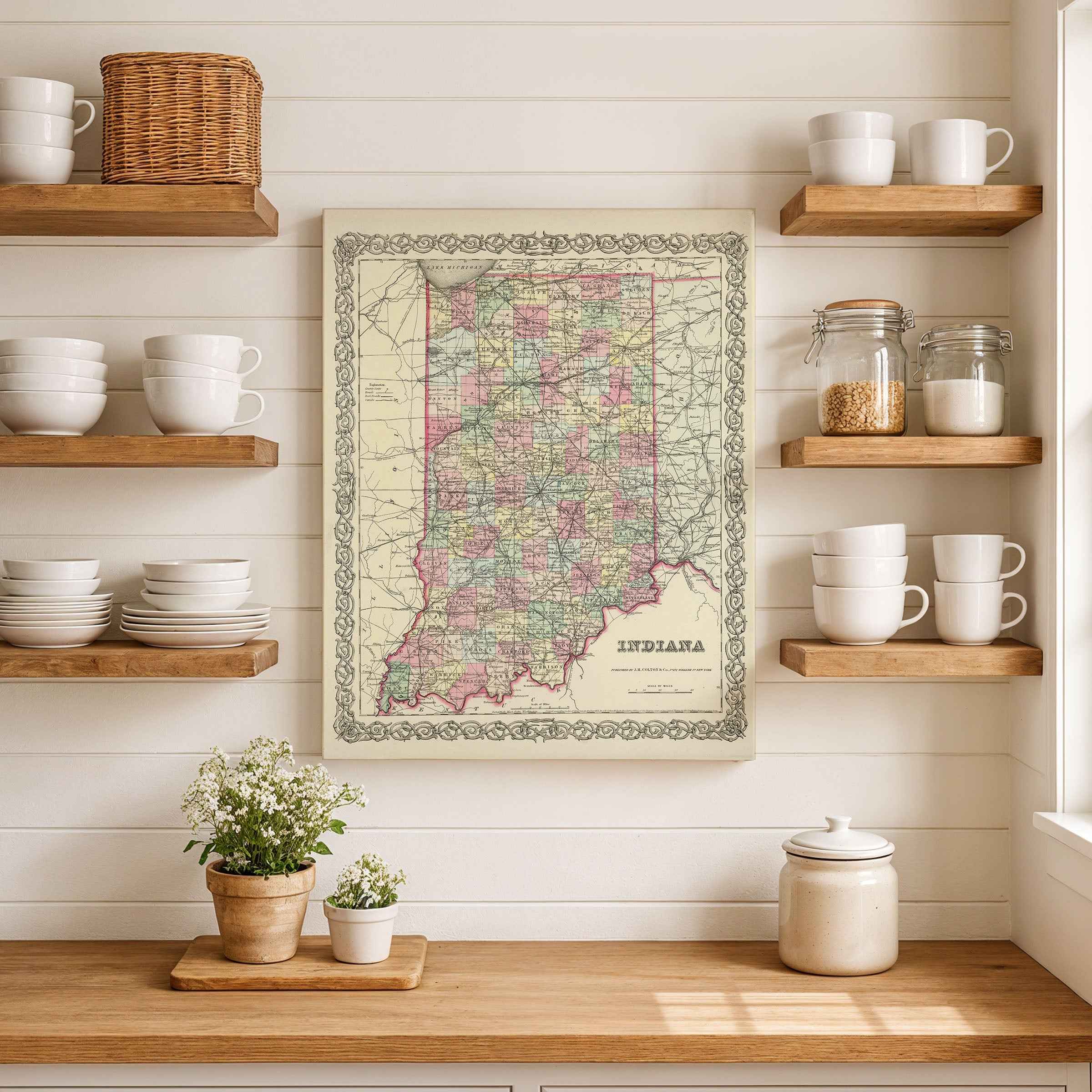 1856 Indiana Map - Vintage State Map by Colton (Restored) for Collectors