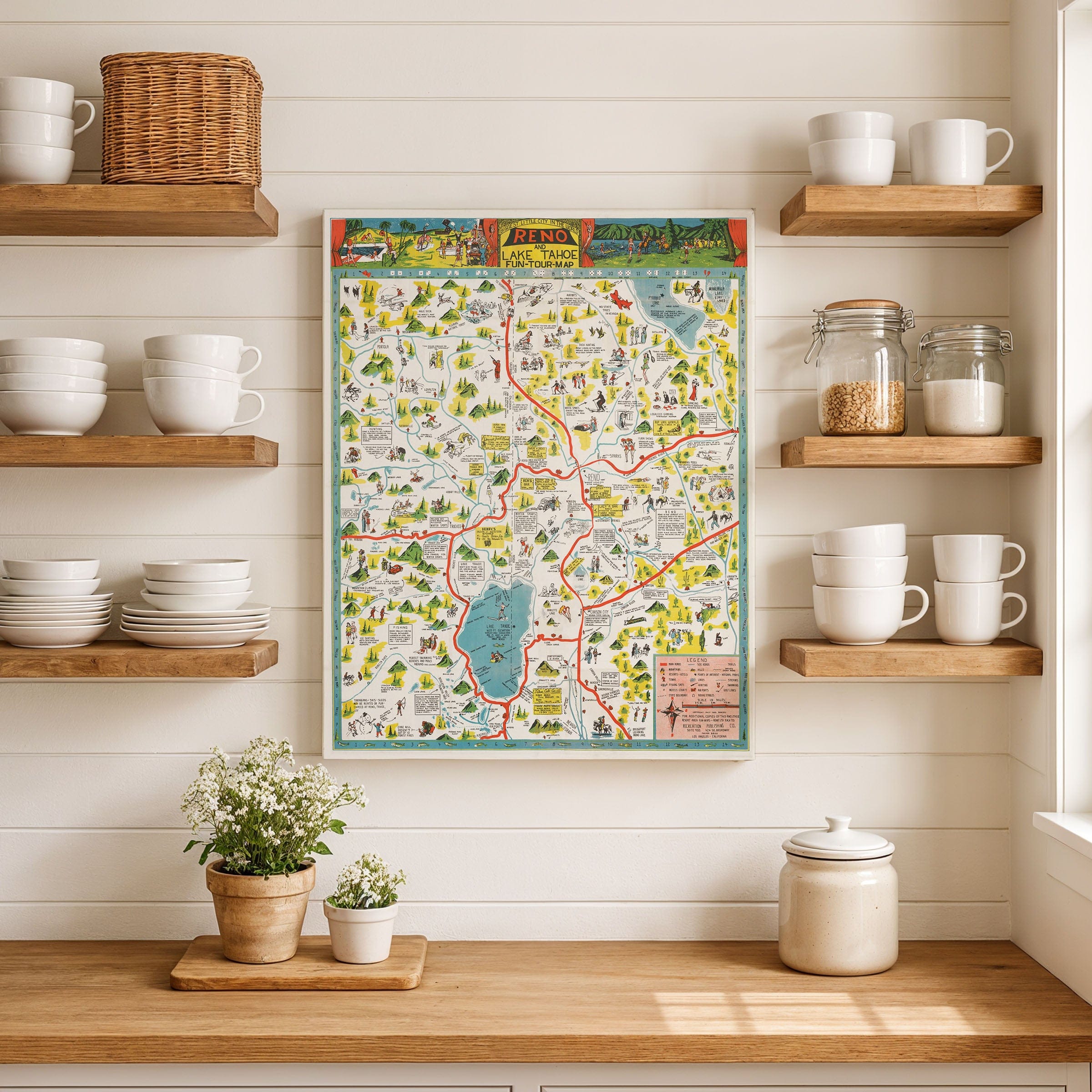 Reno & Lake Tahoe Vintage Map 1956 - Sierra Nevada Pictorial - Archive Prints