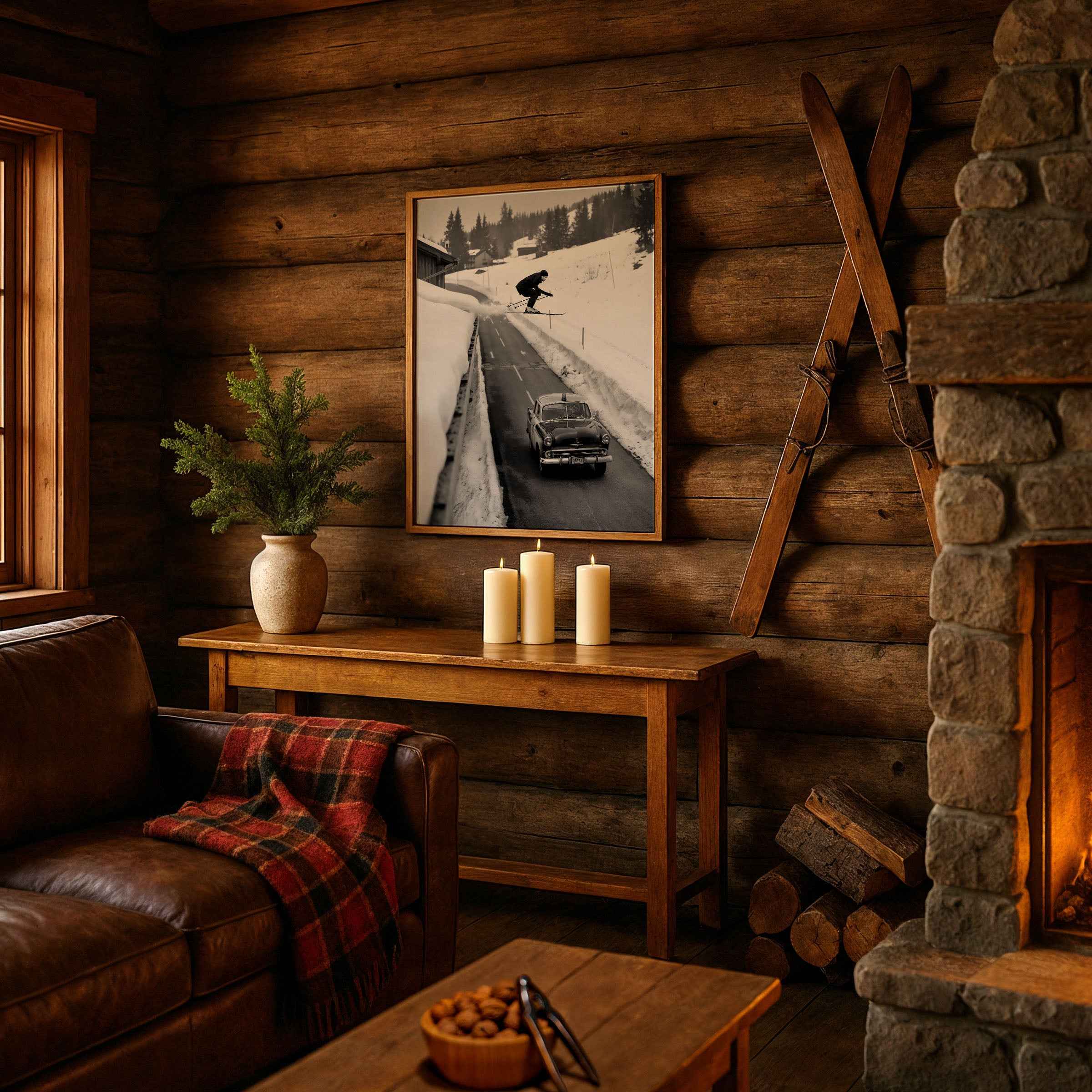 Vintage Ski Jump Photograph Over Car - Daredevil Winter Stunt