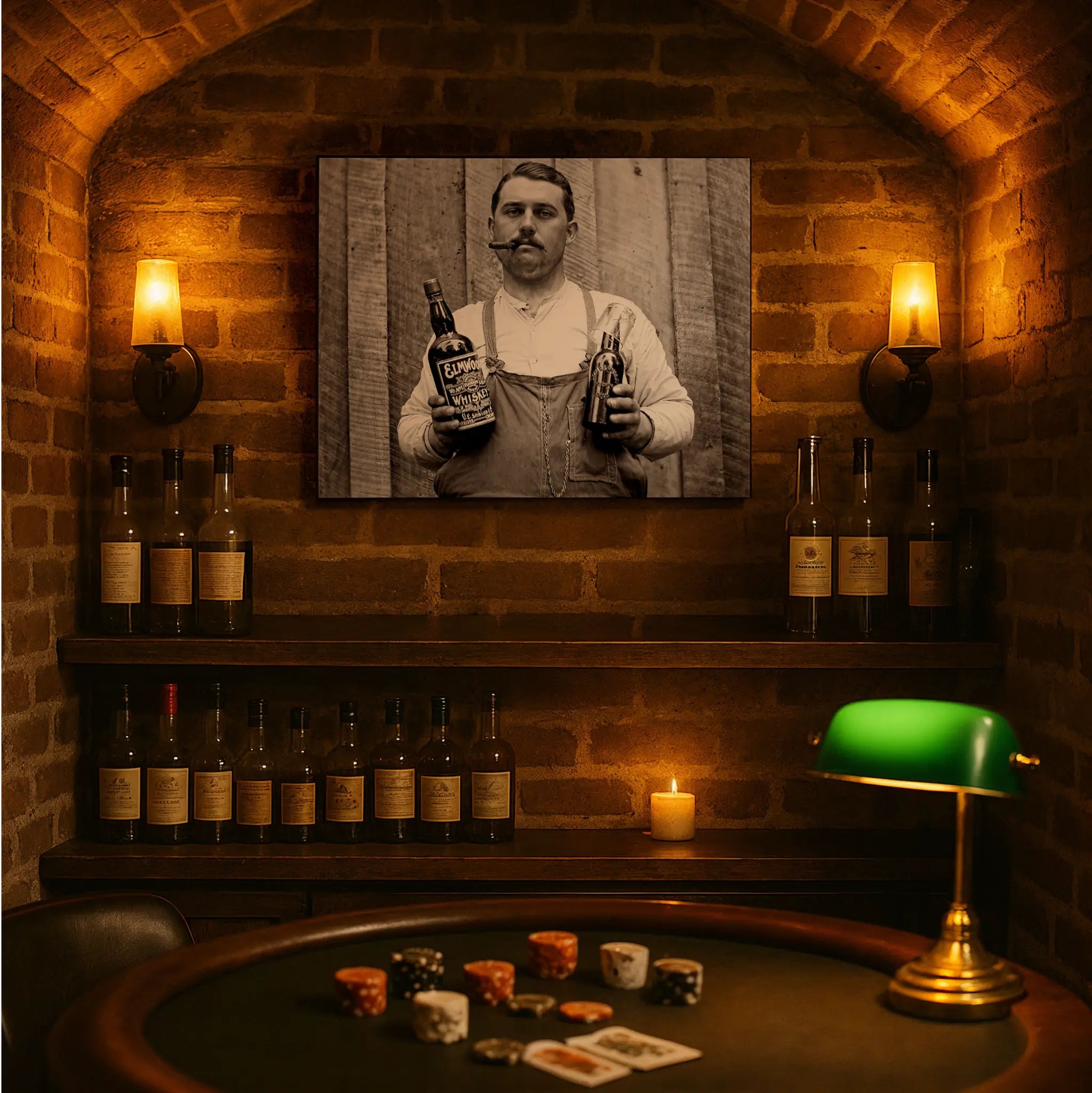 Bartender photograph in underground speakeasy setting with vintage bottles and poker atmosphere