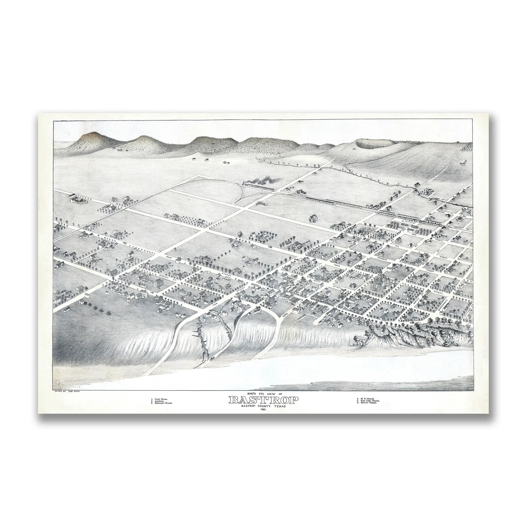 Bastrop Bird's-Eye Map - Vintage 1887 Koch Central Texas Historical Map