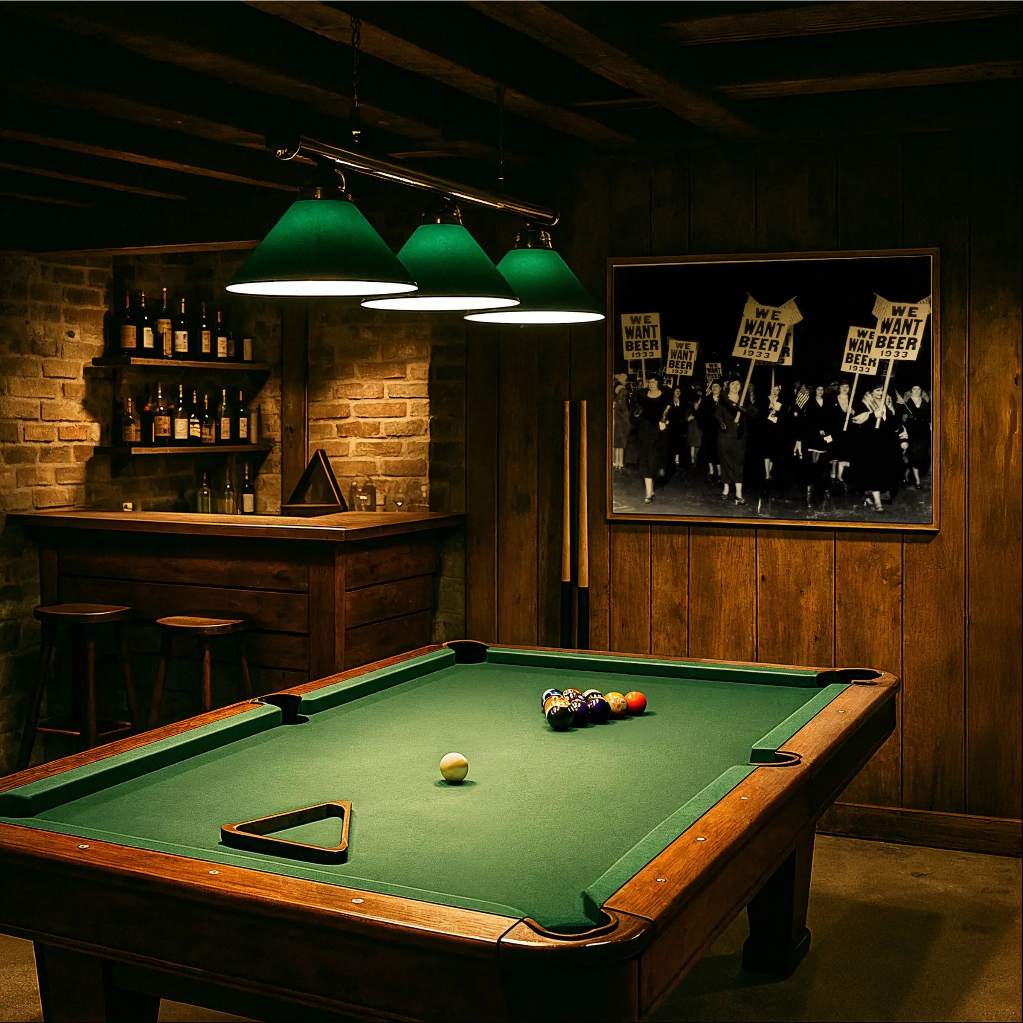 Women's WE WANT BEER photograph in vintage billiards room with green felt table and period lighting