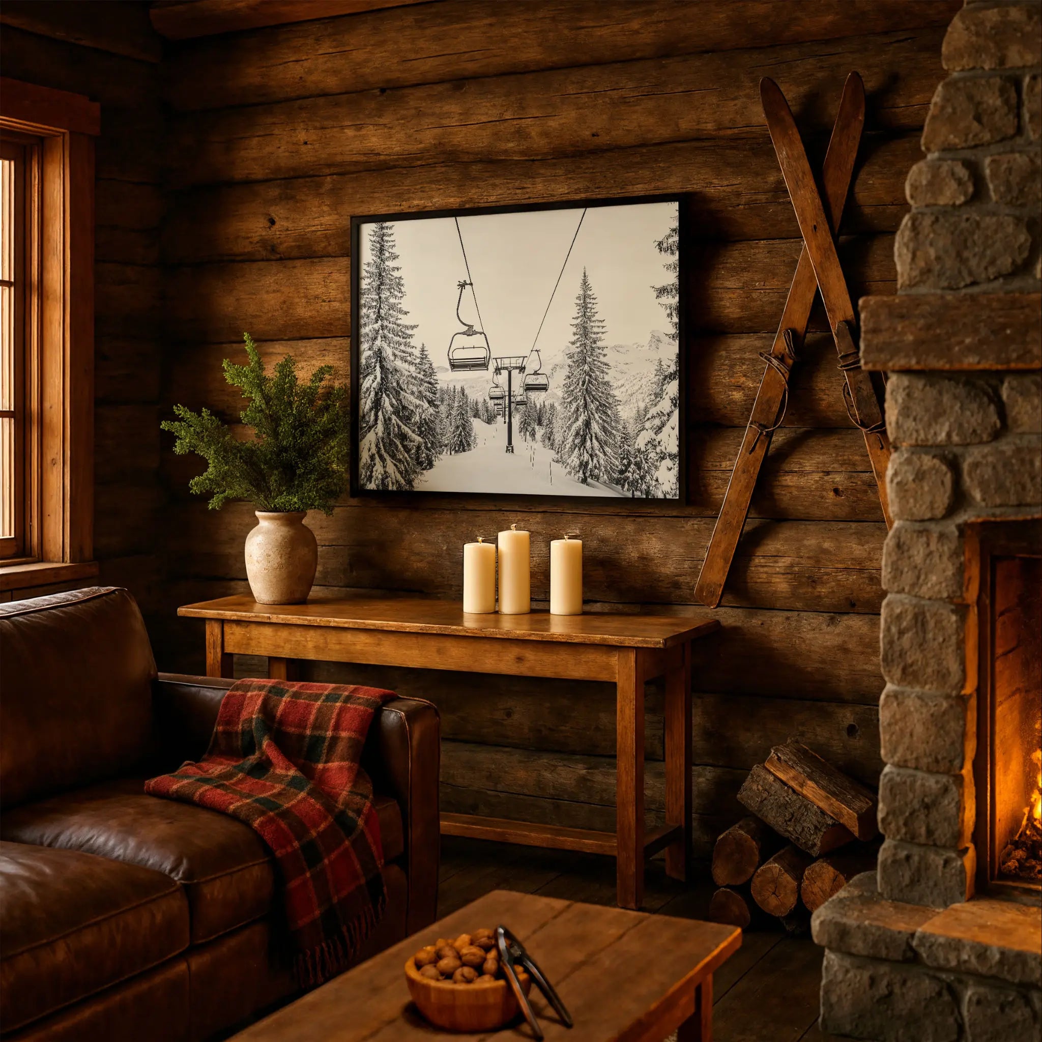 Vintage Ski Lift Photo in Cabin Couch Setting