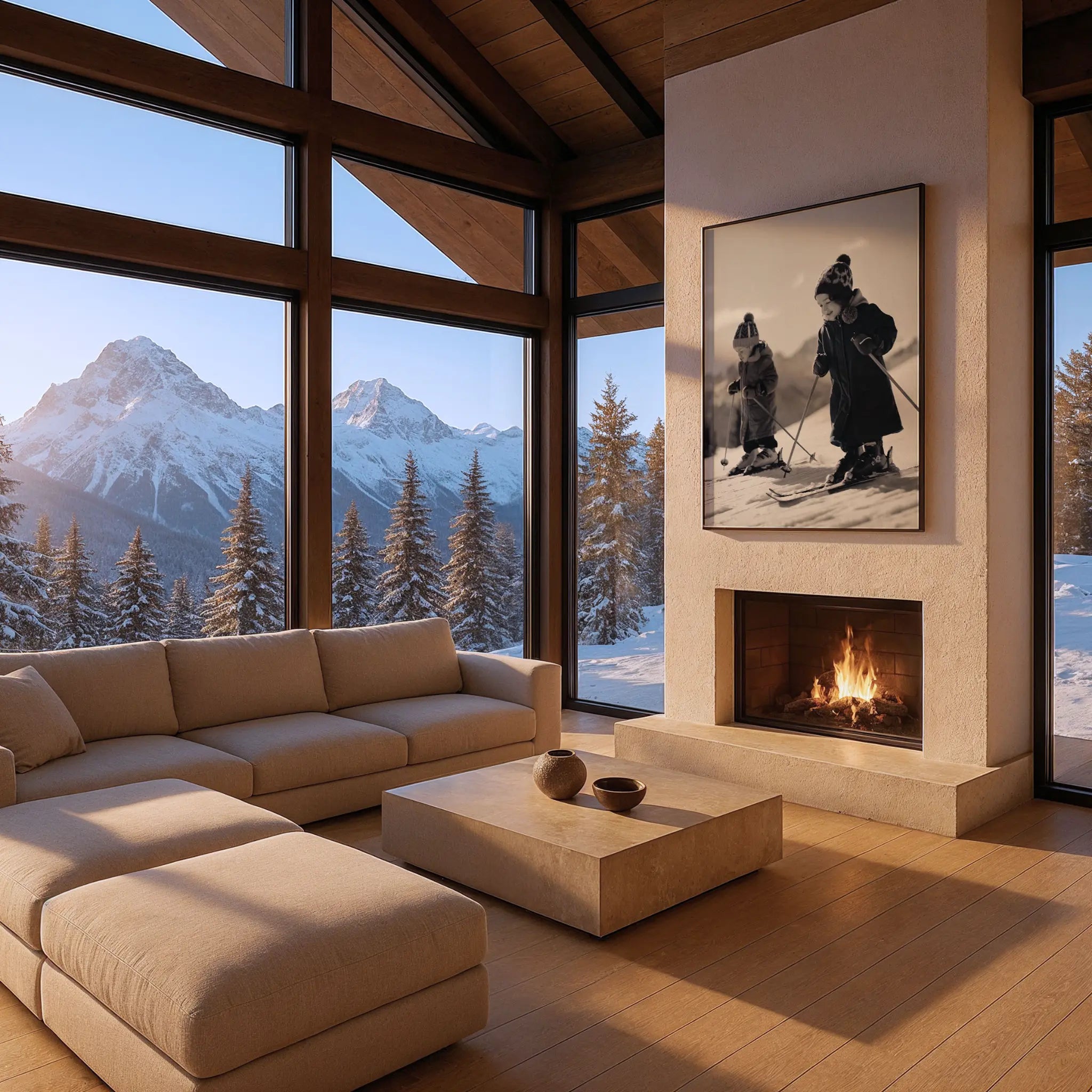 Vintage Children Skiing Photo in Chalet with Panoramic Windows