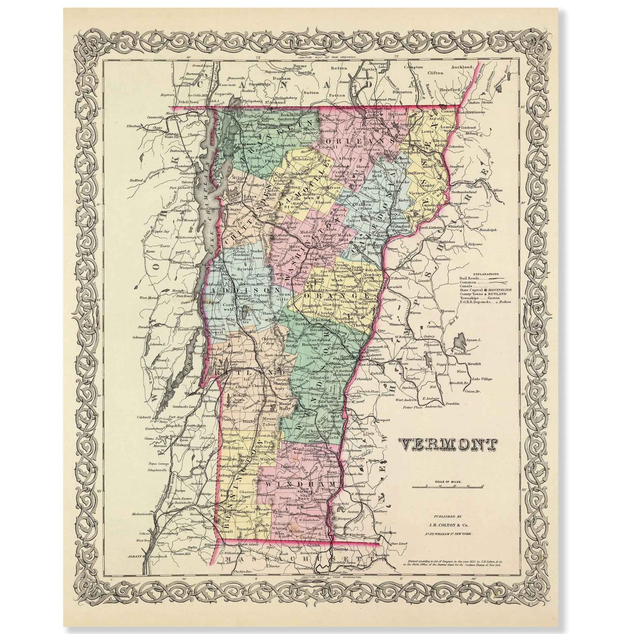 Vermont Map - Vintage 1855 Colton Historical Map for Home Decor