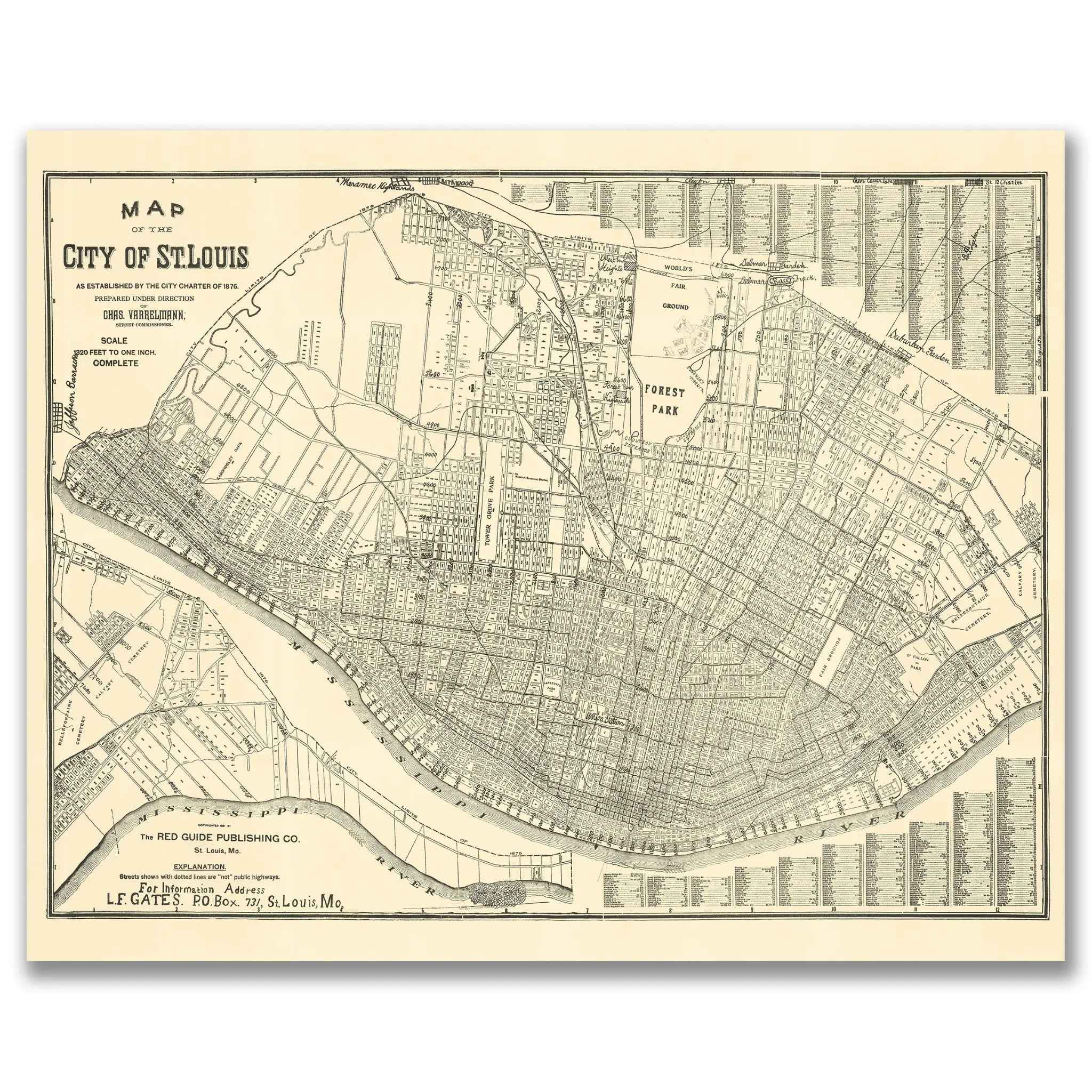 St. Louis Vintage Map 1876 - Historical City Charter Map by Charles Varrelmann