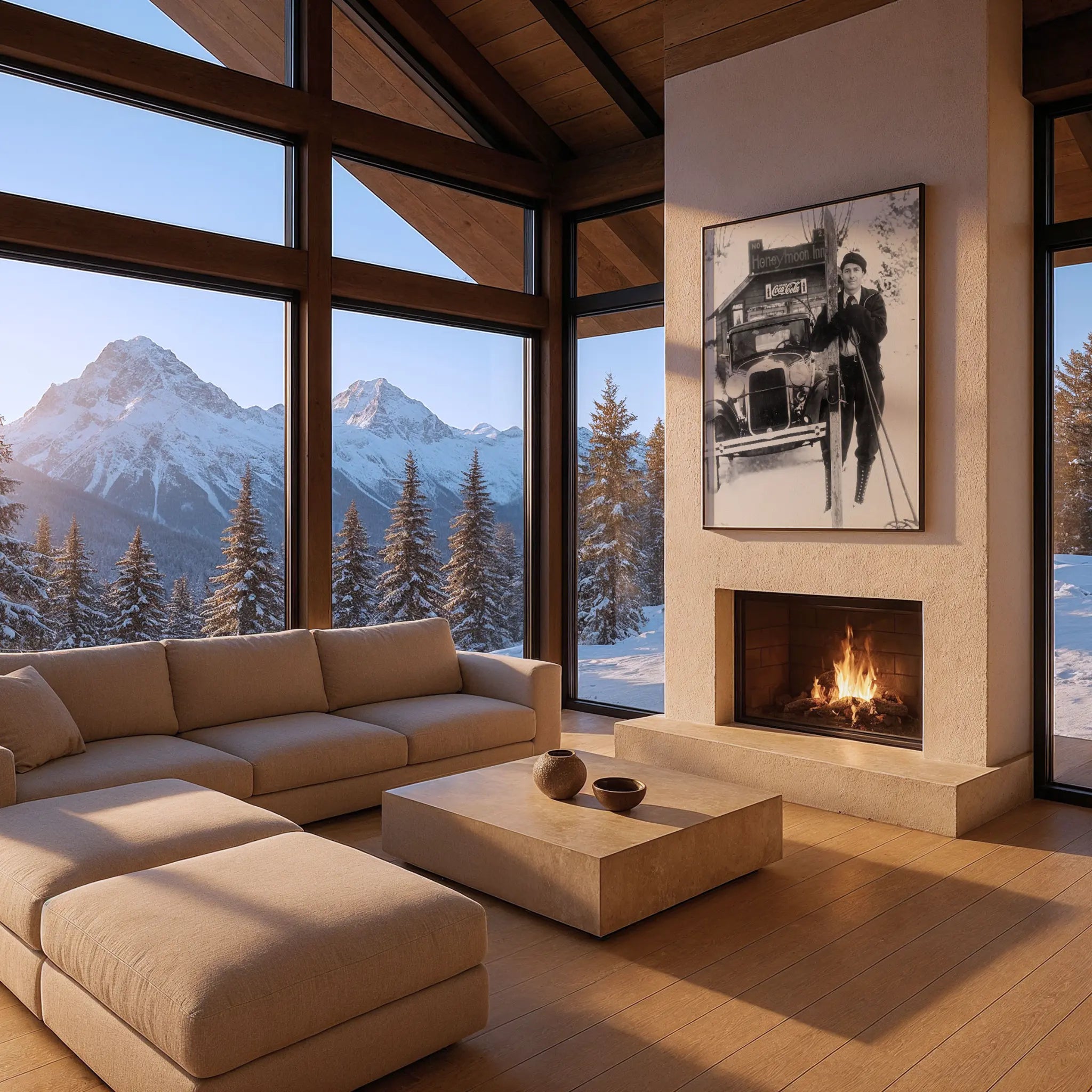 Ski Photo in Modern Chalet Living Room