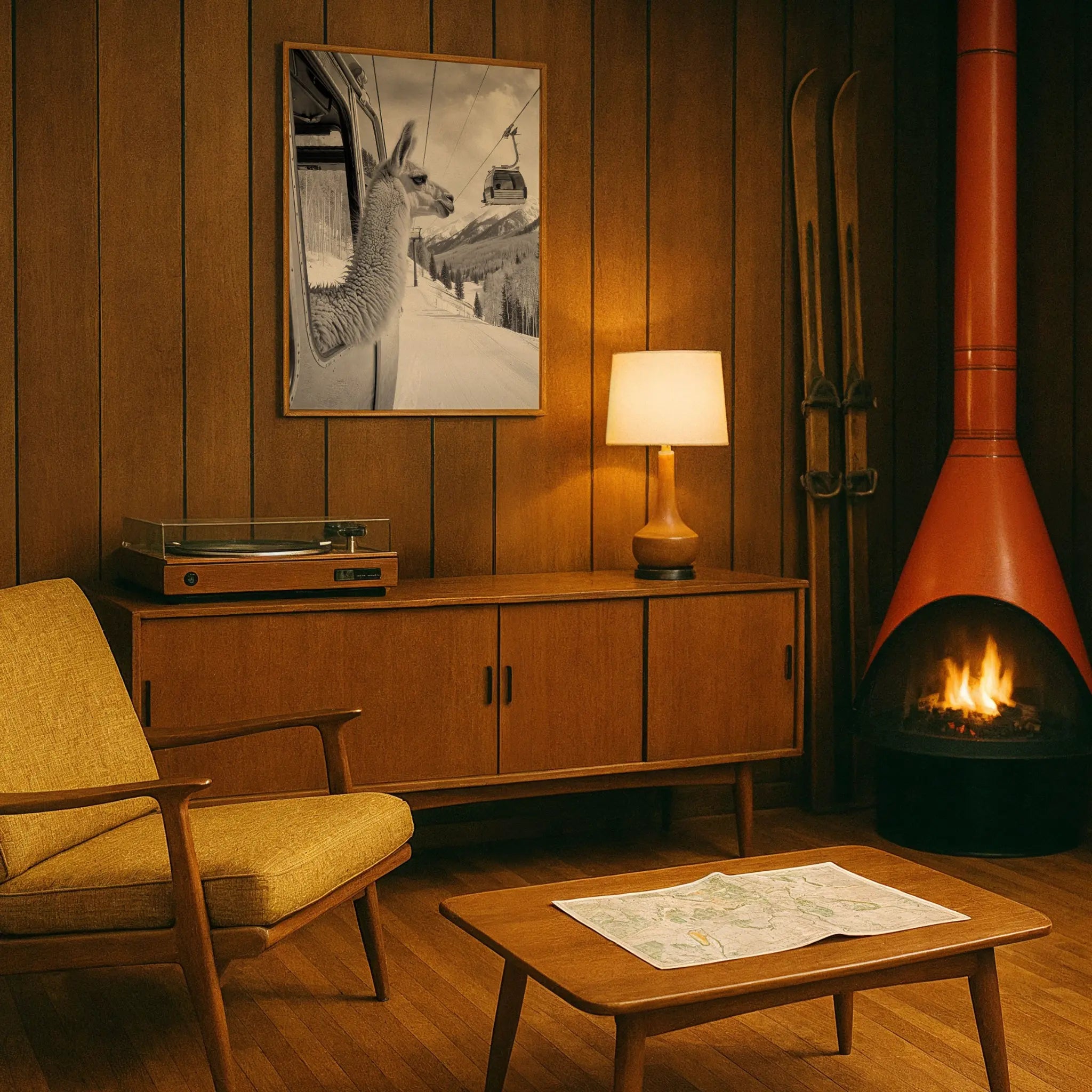 Llama Gondola Photo in Retro Ski Den Mid-Century