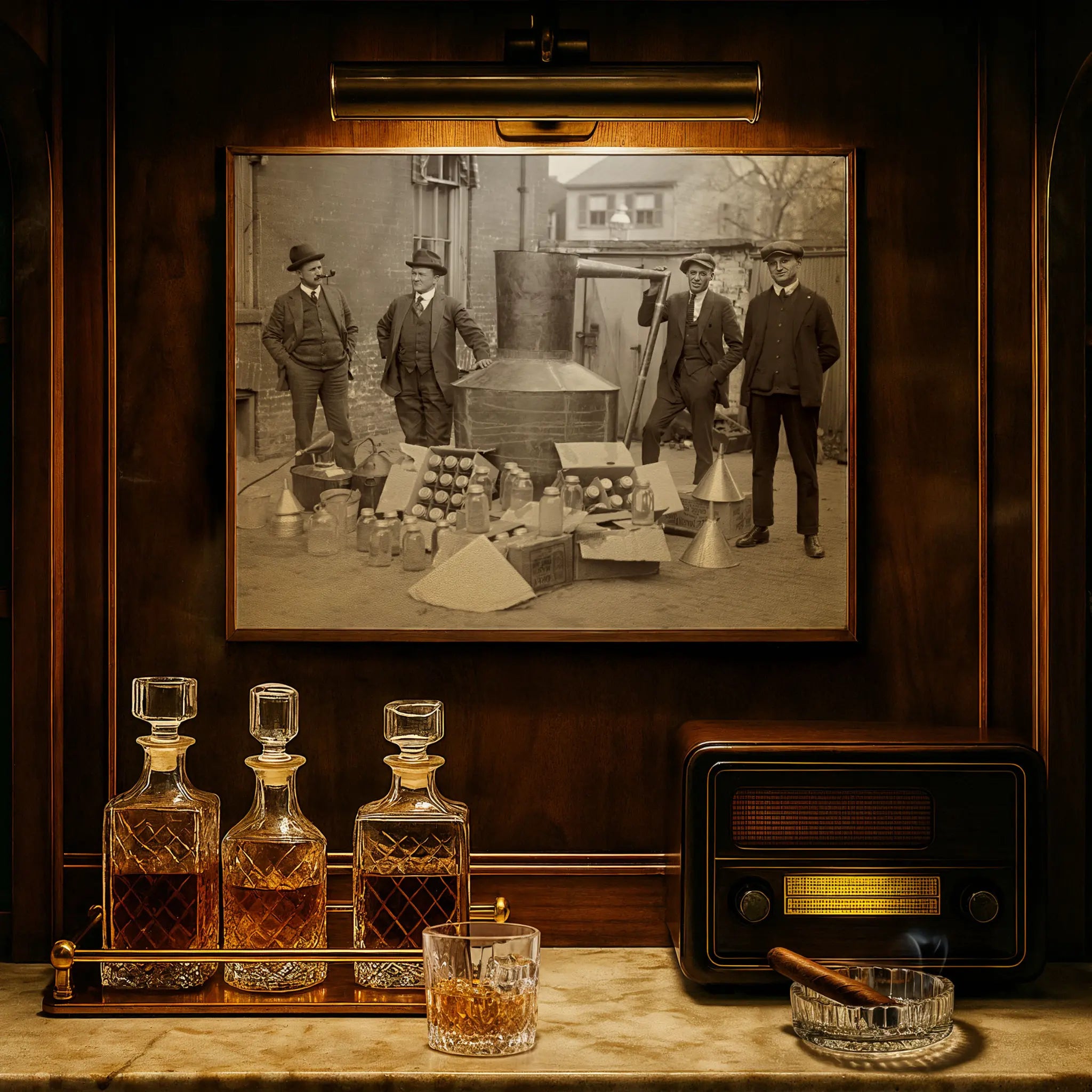 Moonshine still seizure photograph displayed in luxury study with crystal decanters and vintage radio atmosphere