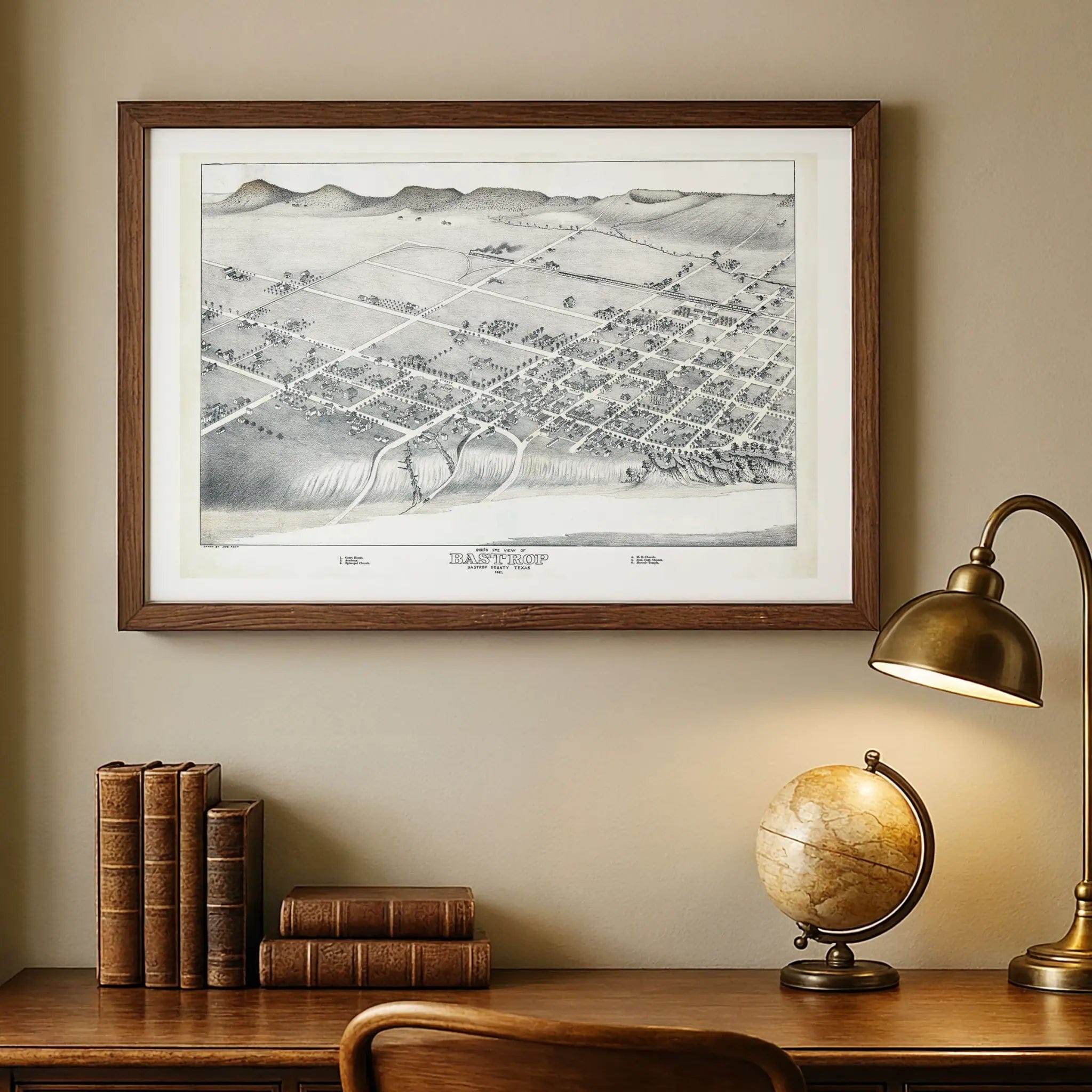 Bastrop Texas Historical Map - Vintage 1887 Koch Central Texas Bird's-Eye View - Archive Prints