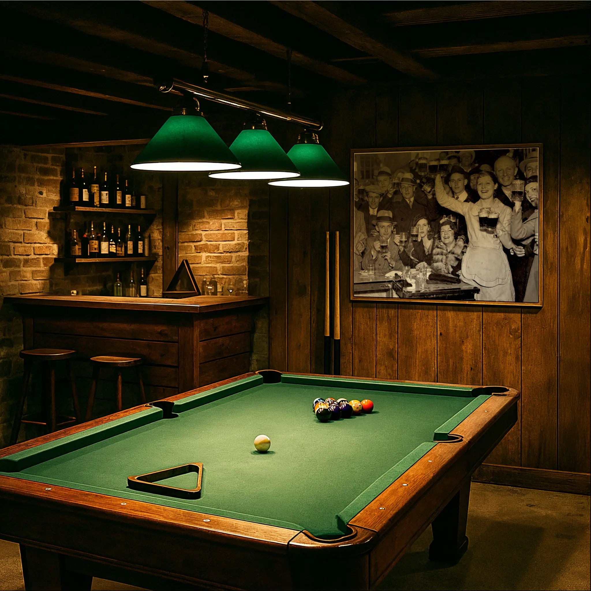 Beer hall photograph in vintage billiards room with green felt table and period lighting