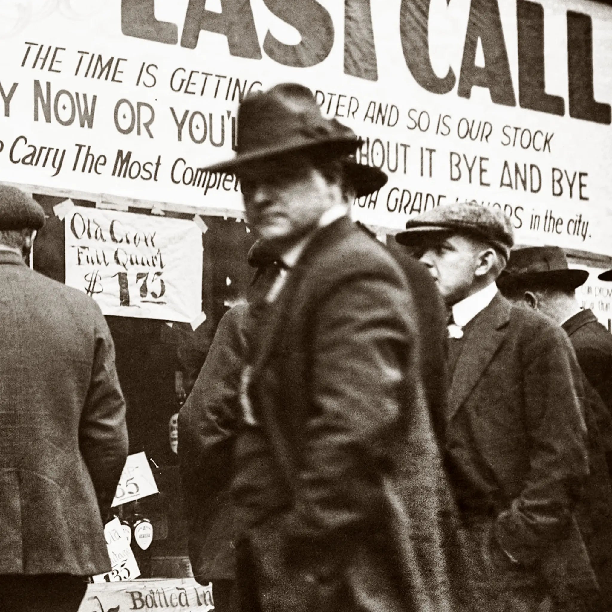 Close-up detail of The Last Call showing men in period suits and hats making final legal alcohol purchases before prohibition implementation