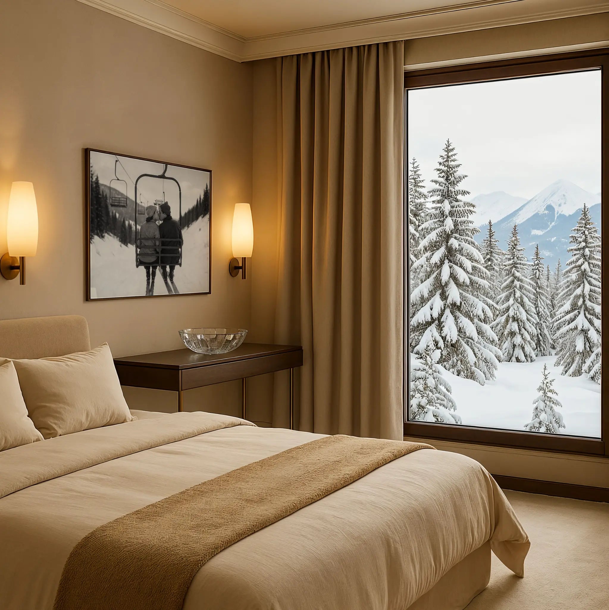 Romantic Chairlift Kiss Photo in Winter Bedroom