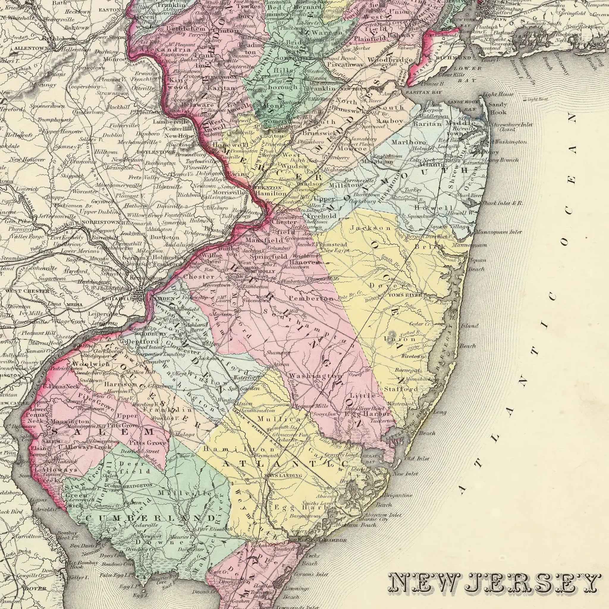 New Jersey Map - Vintage 1855 Colton Historical Map for Home Decor