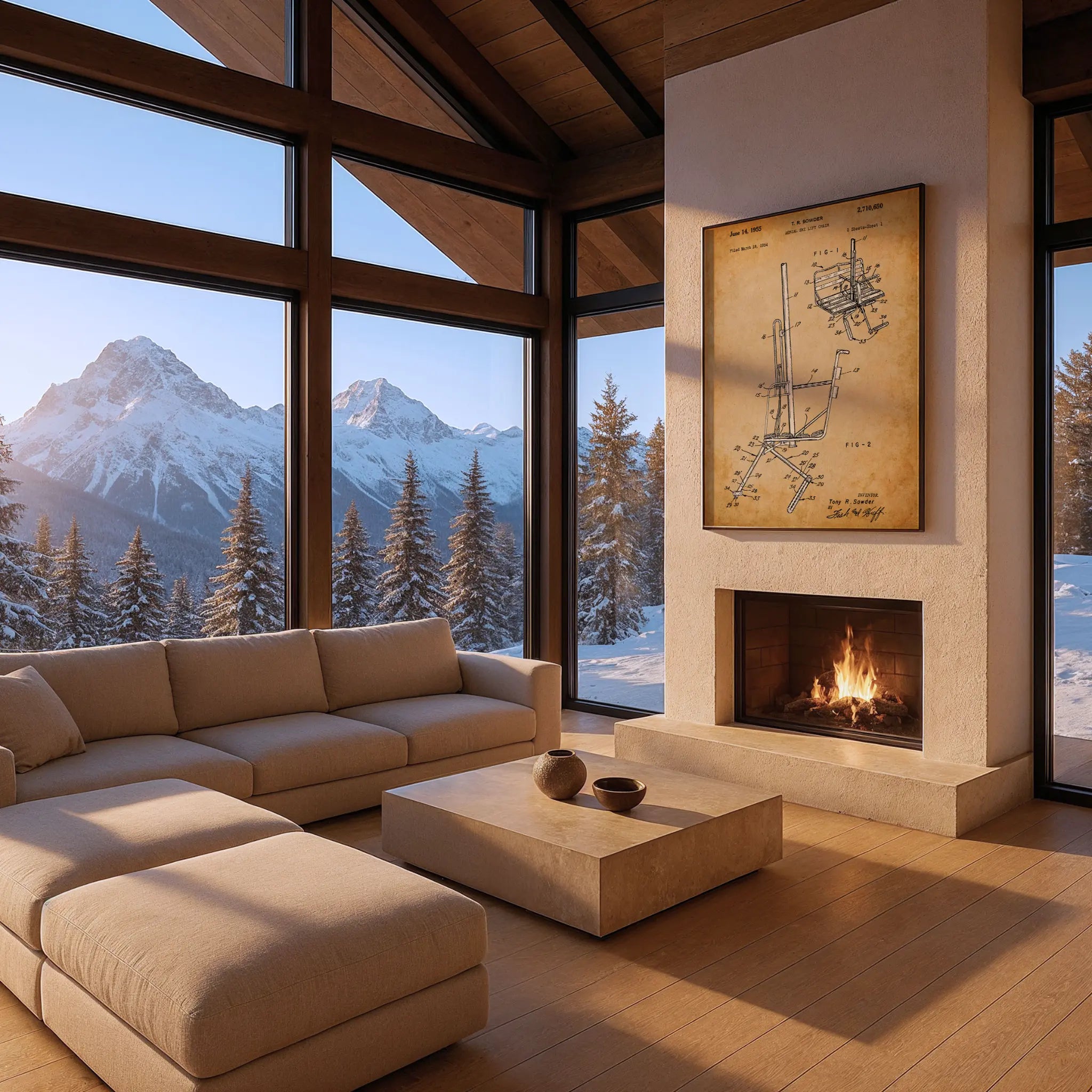 Vintage Ski Lift Patent in Chalet Panoramic Windows