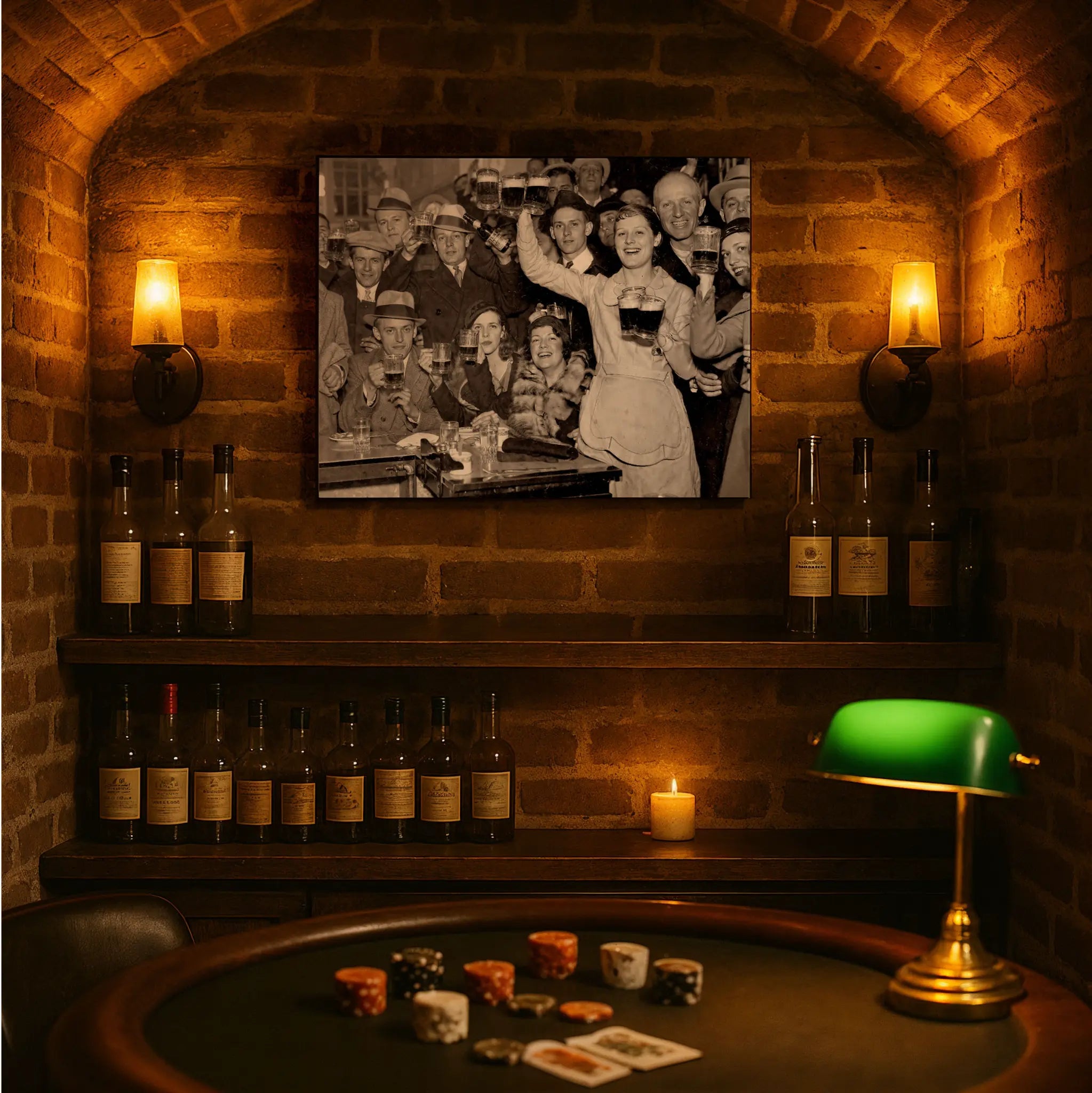 Historic brewery celebration print in underground casino setting with poker chips and vintage gambling atmosphere