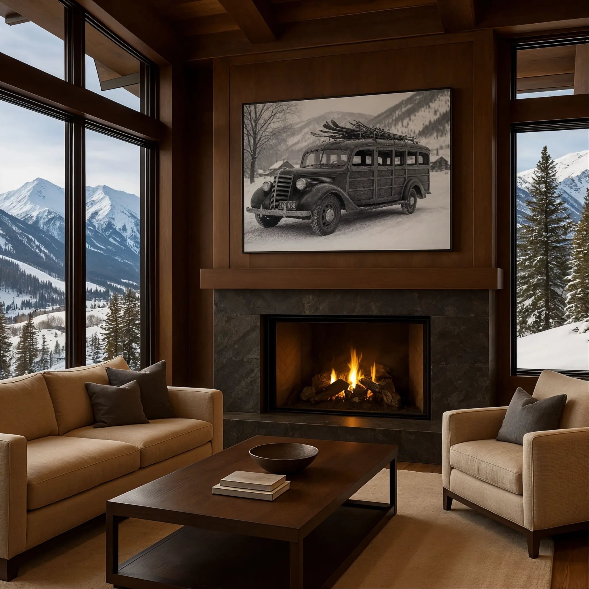 Vintage Ski Bus Photo in Cozy Fireplace Setting
