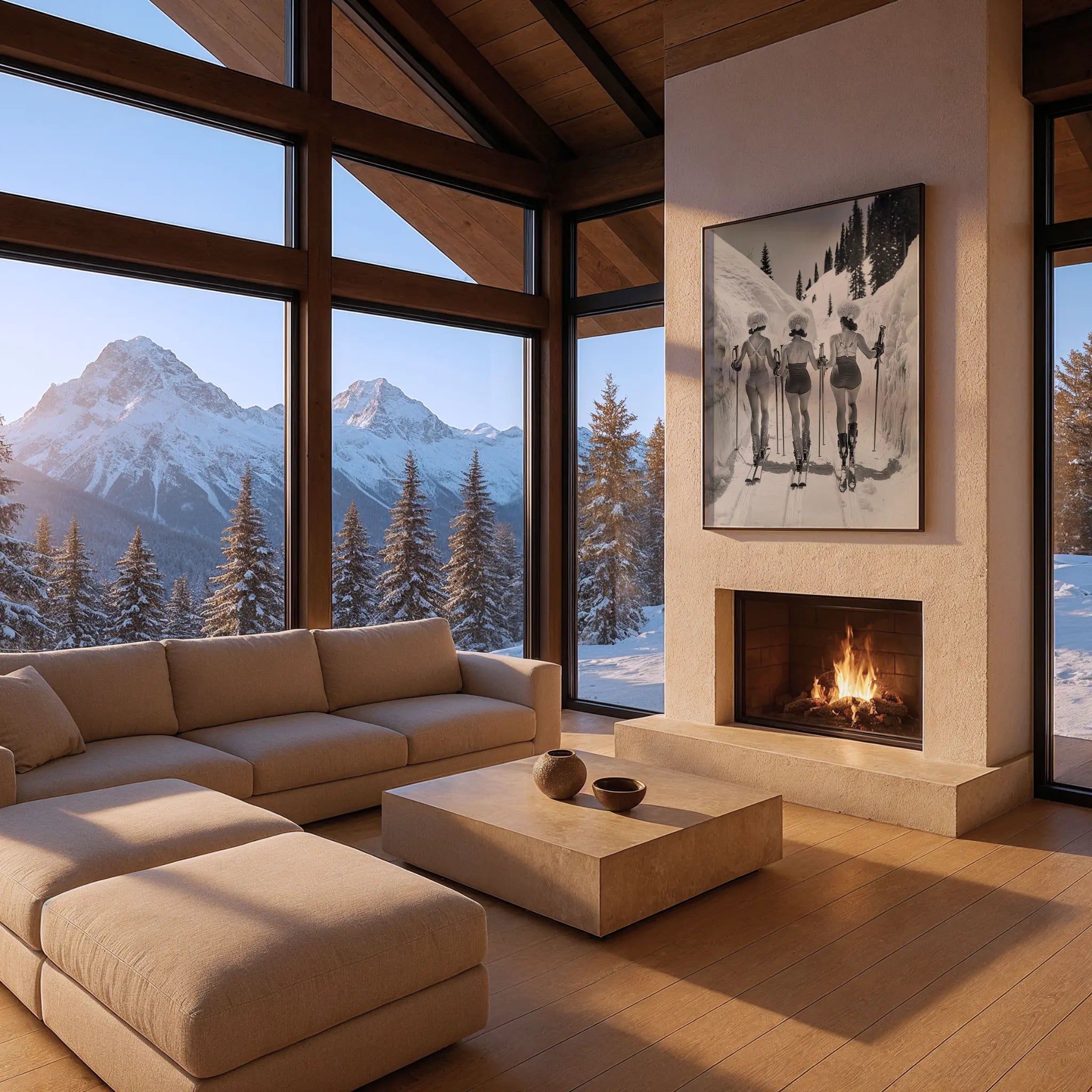 Vintage Ski Women Photo in Chalet Panoramic Windows