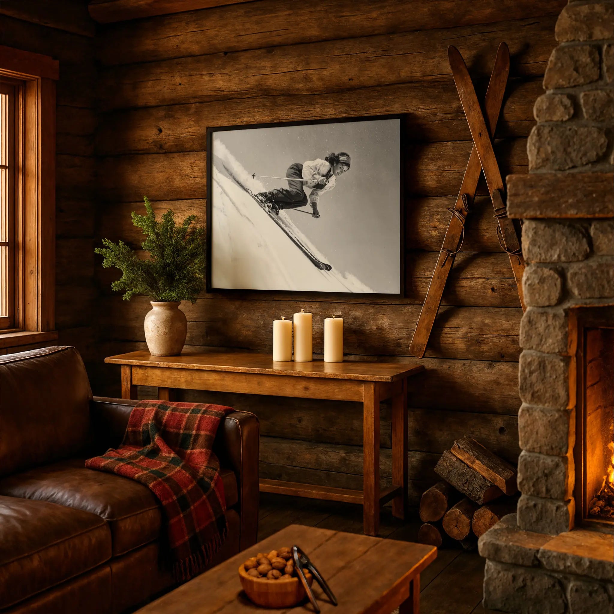 Vintage Dynamic Skier Photo in Cabin Couch Setting