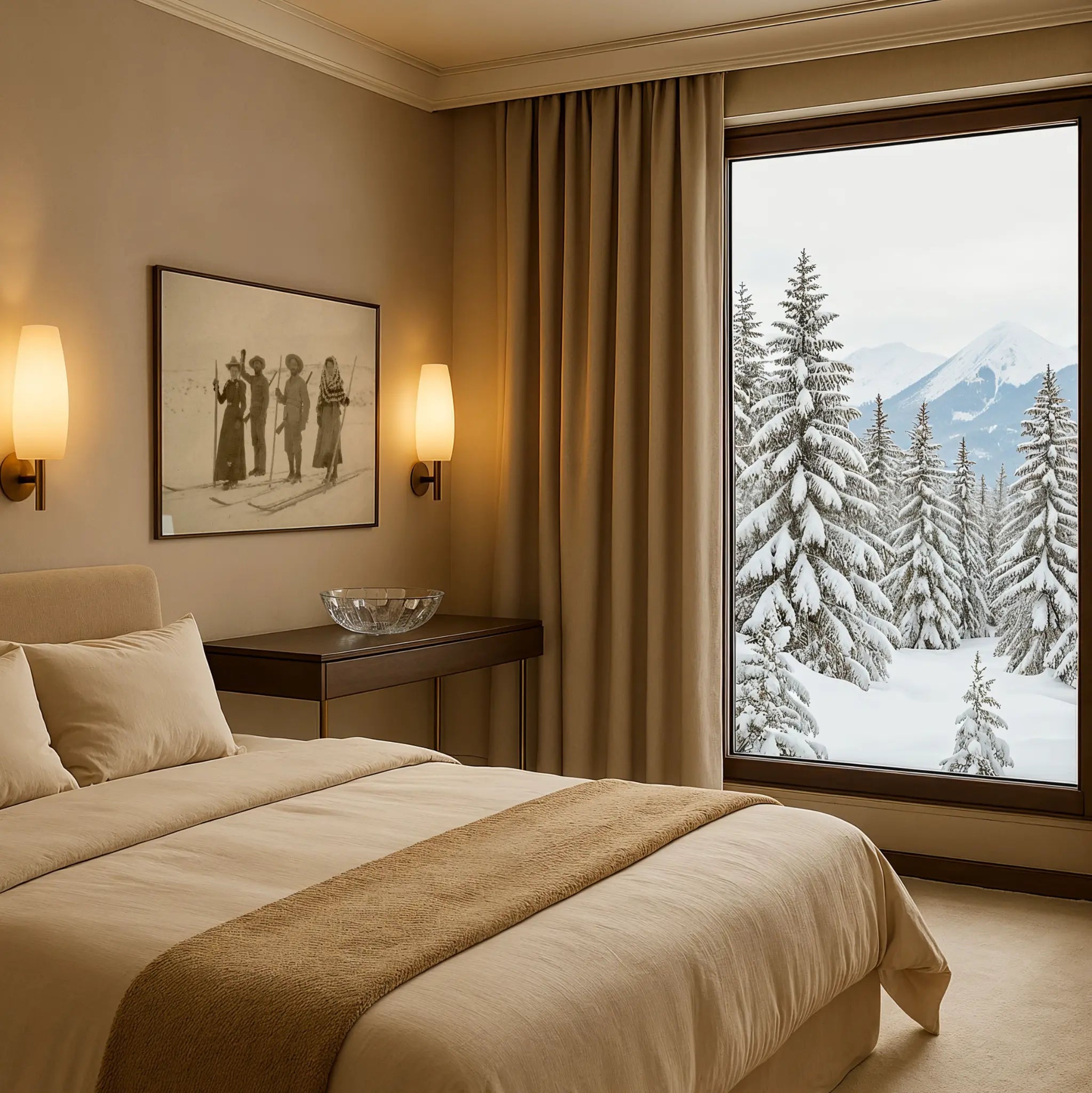 Vintage Ski Club Group Photo in Winter Bedroom