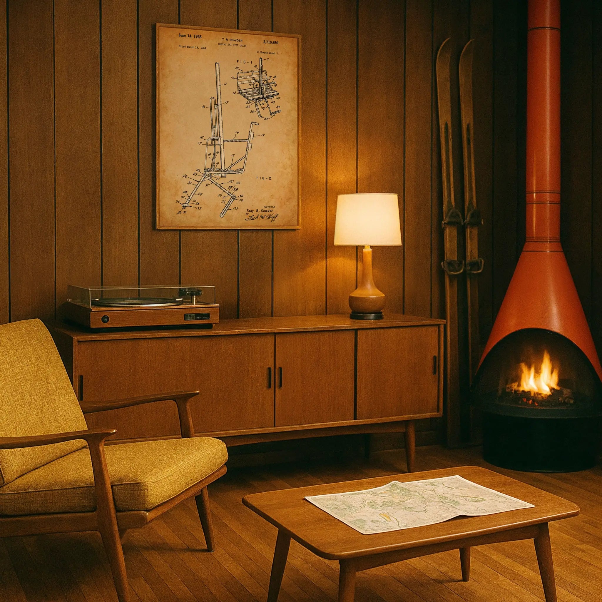 Vintage Ski Lift Patent in Retro Ski Den Mid-Century