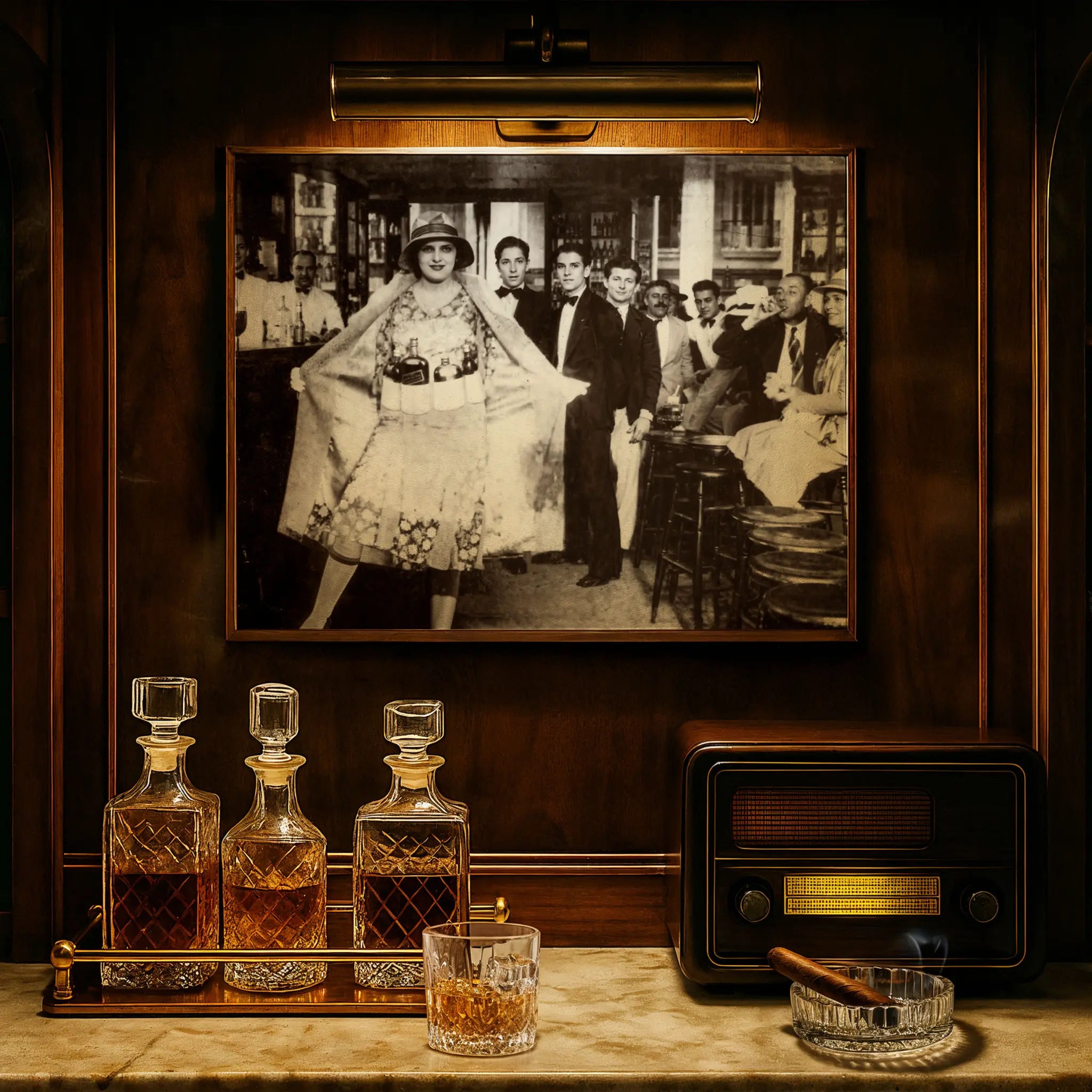 Speakeasy bottle dress photograph displayed in luxury study with crystal decanters and vintage radio atmosphere