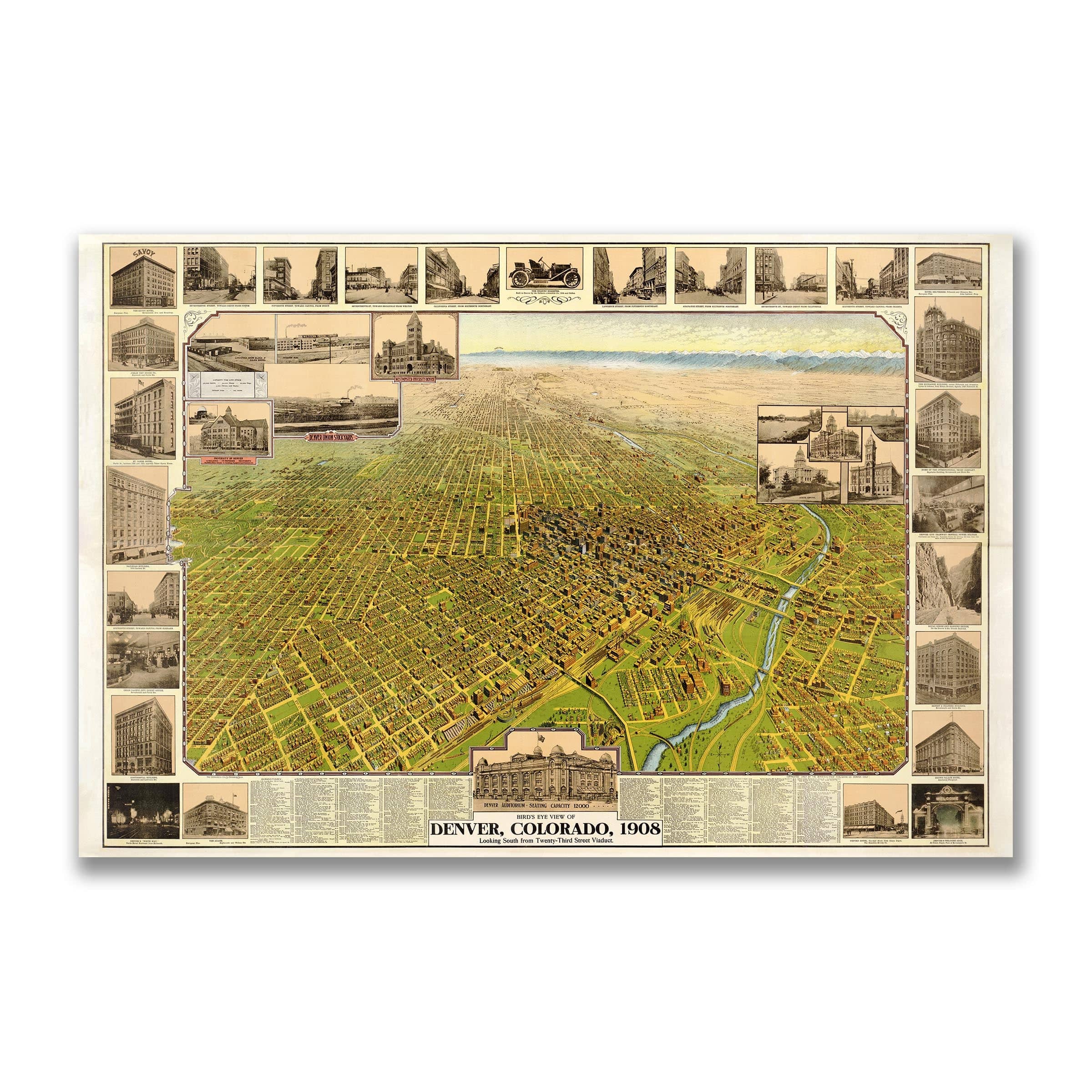 Denver Vintage Bird's-Eye Map - 1908 Colorado Historical City Map - Archive Prints