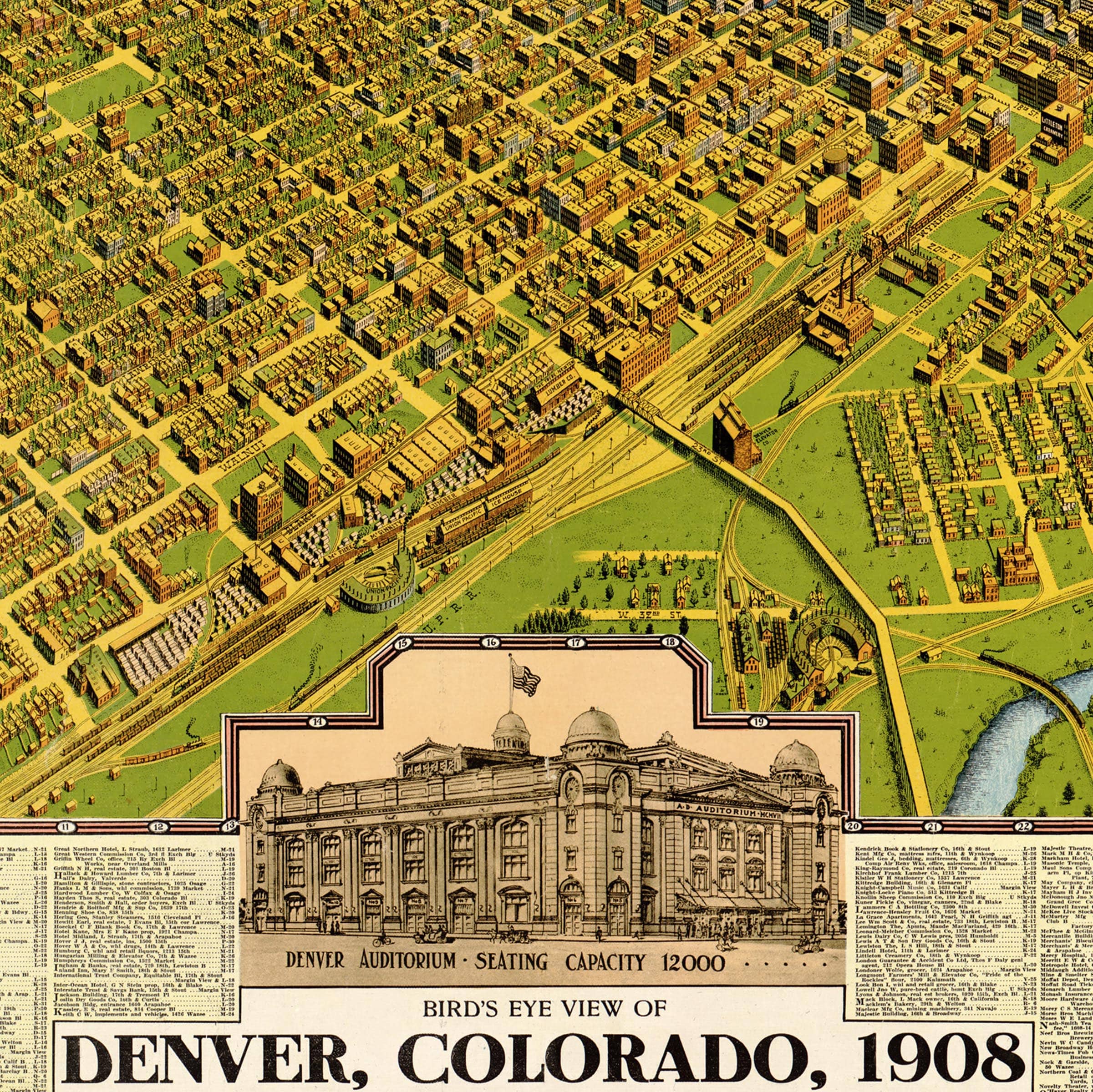 Denver Vintage Bird's-Eye Map - 1908 Colorado Historical City Map - Archive Prints