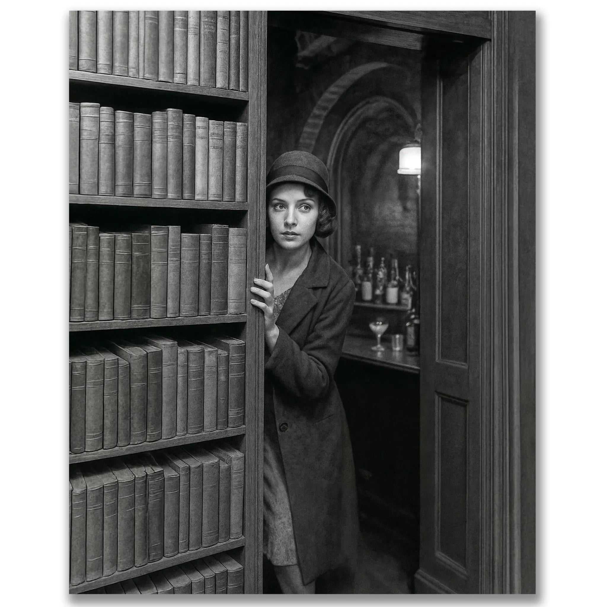 Historic speakeasy secret bookshelf entrance showing woman in cloche hat discovering hidden door to underground bar during prohibition