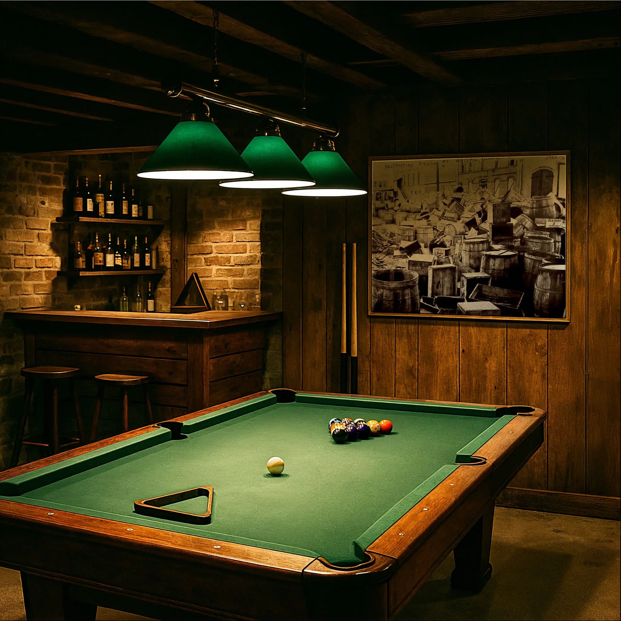 Prohibition enforcement print in vintage billiards room with green felt table and period lighting