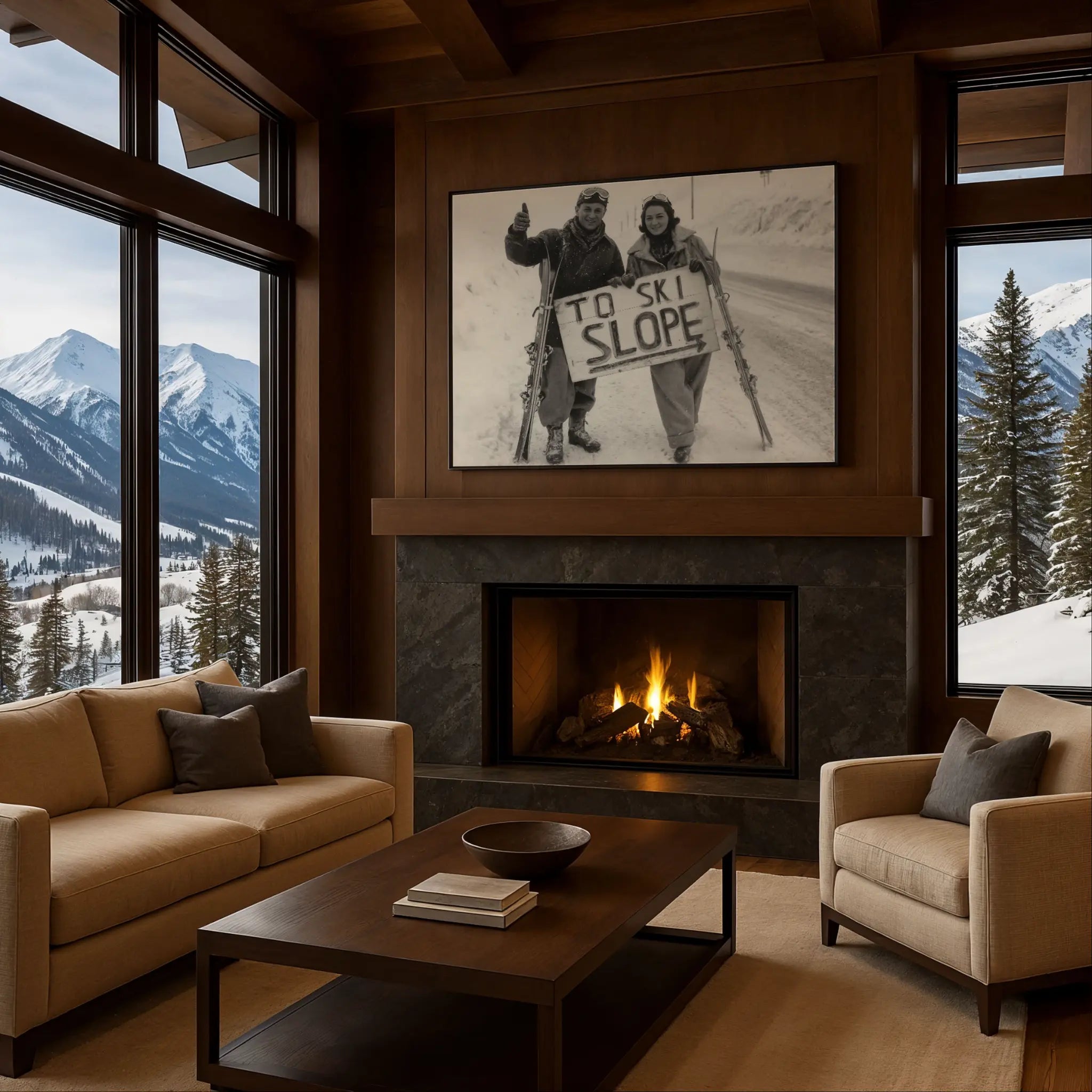 Ski Photo by Cozy Alpine Fireplace