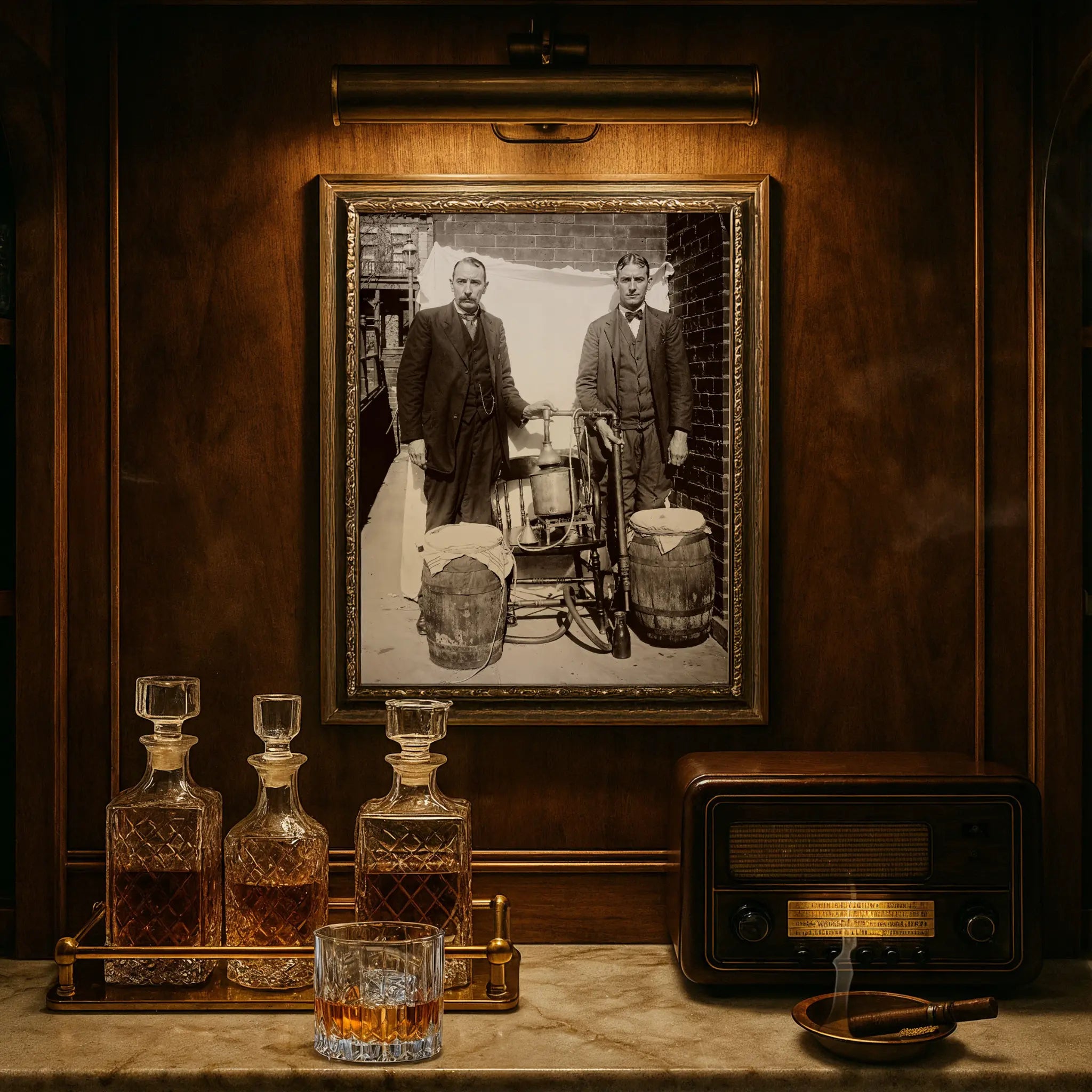Moonshine apparatus photograph displayed in luxury study with crystal decanters and vintage radio atmosphere