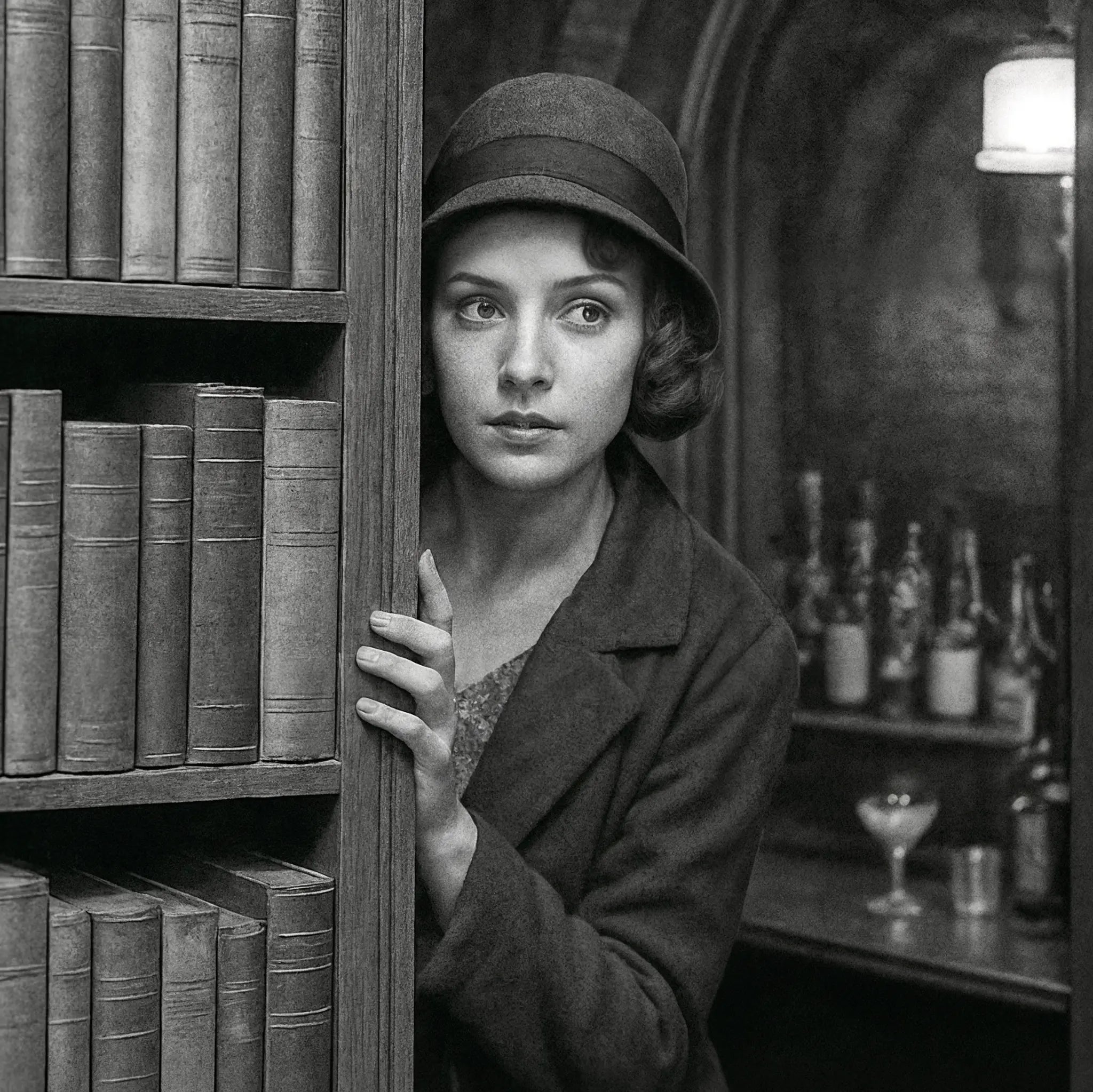 Close-up detail of woman in cloche hat peering through secret bookshelf door into hidden speakeasy with bottles visible