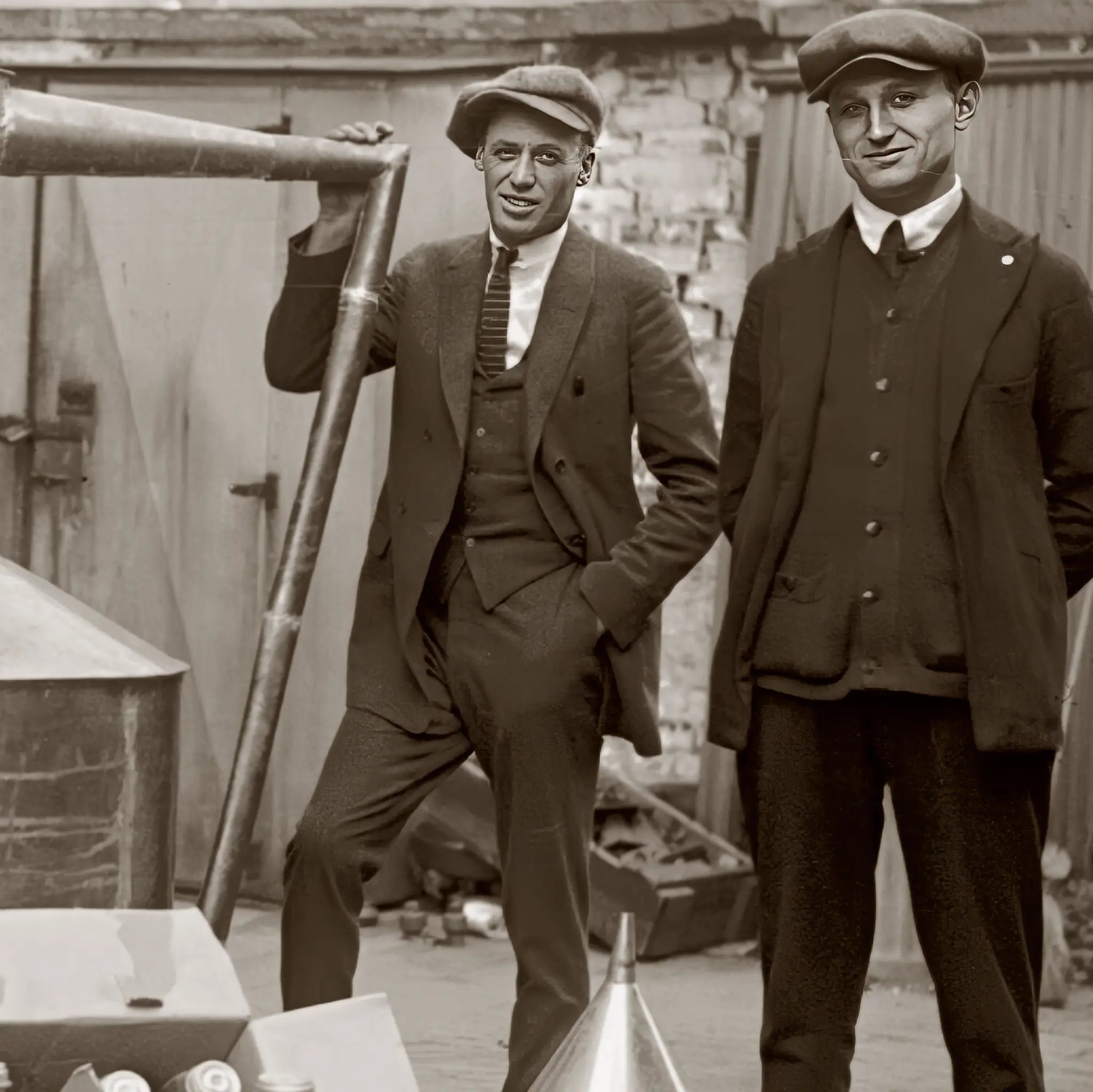Close-up detail of federal agents with moonshine still showing copper distillation equipment and confiscated white lightning