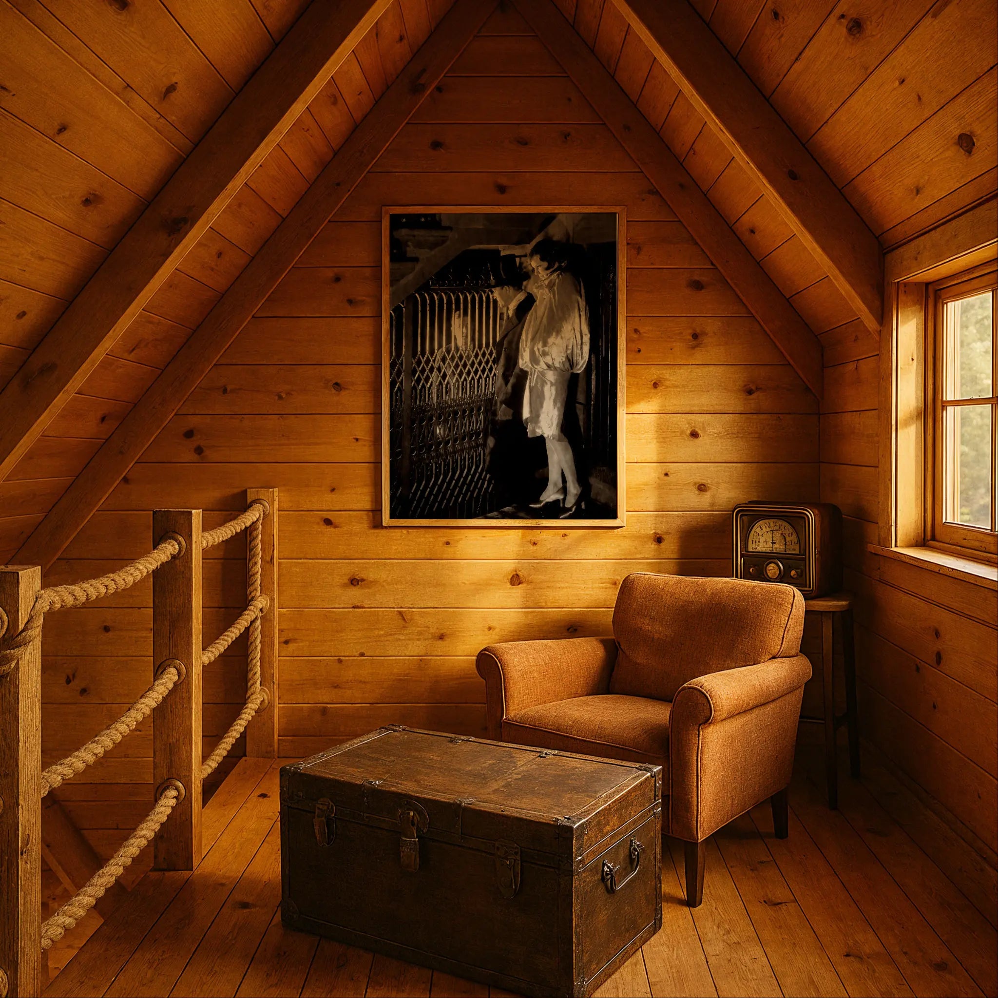 Dramatic speakeasy encounter print in rustic cabin setting with vintage radio and rope details