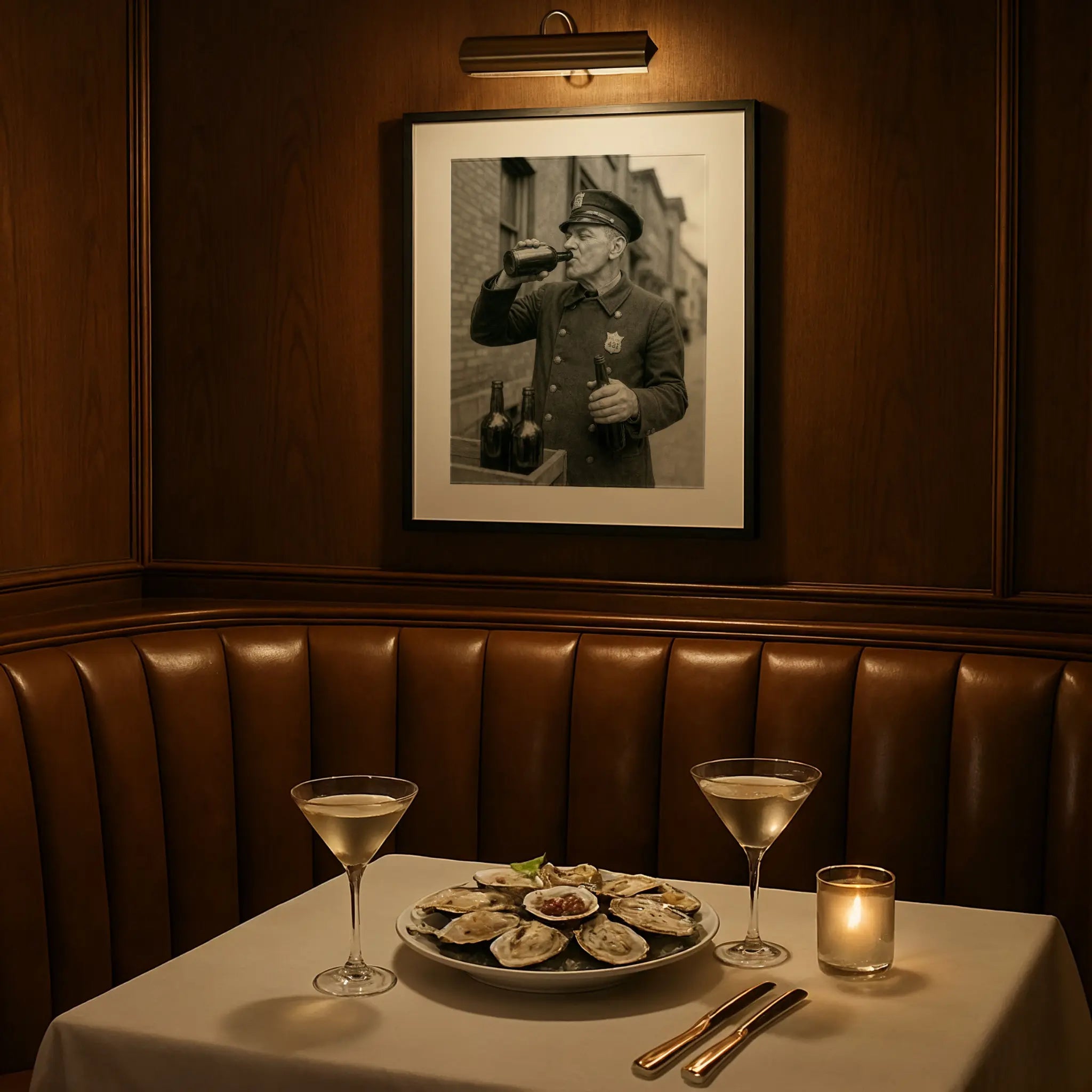 Prohibition officer print in elegant restaurant booth with martini glasses and fine dining atmosphere
