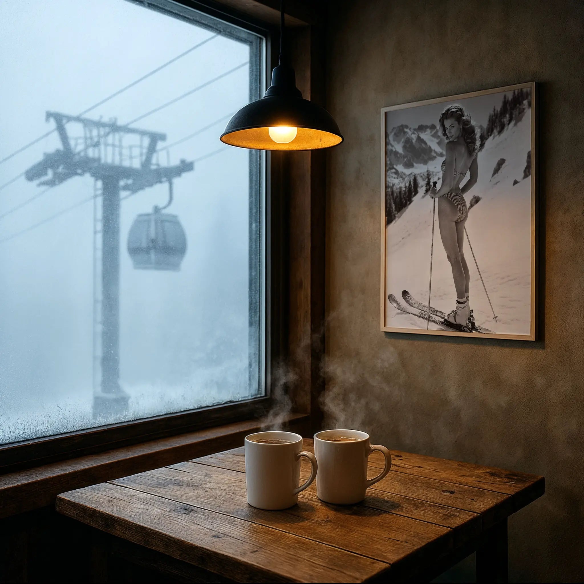 Vintage Ski Club Group Photo in Foggy Mountain Cafe