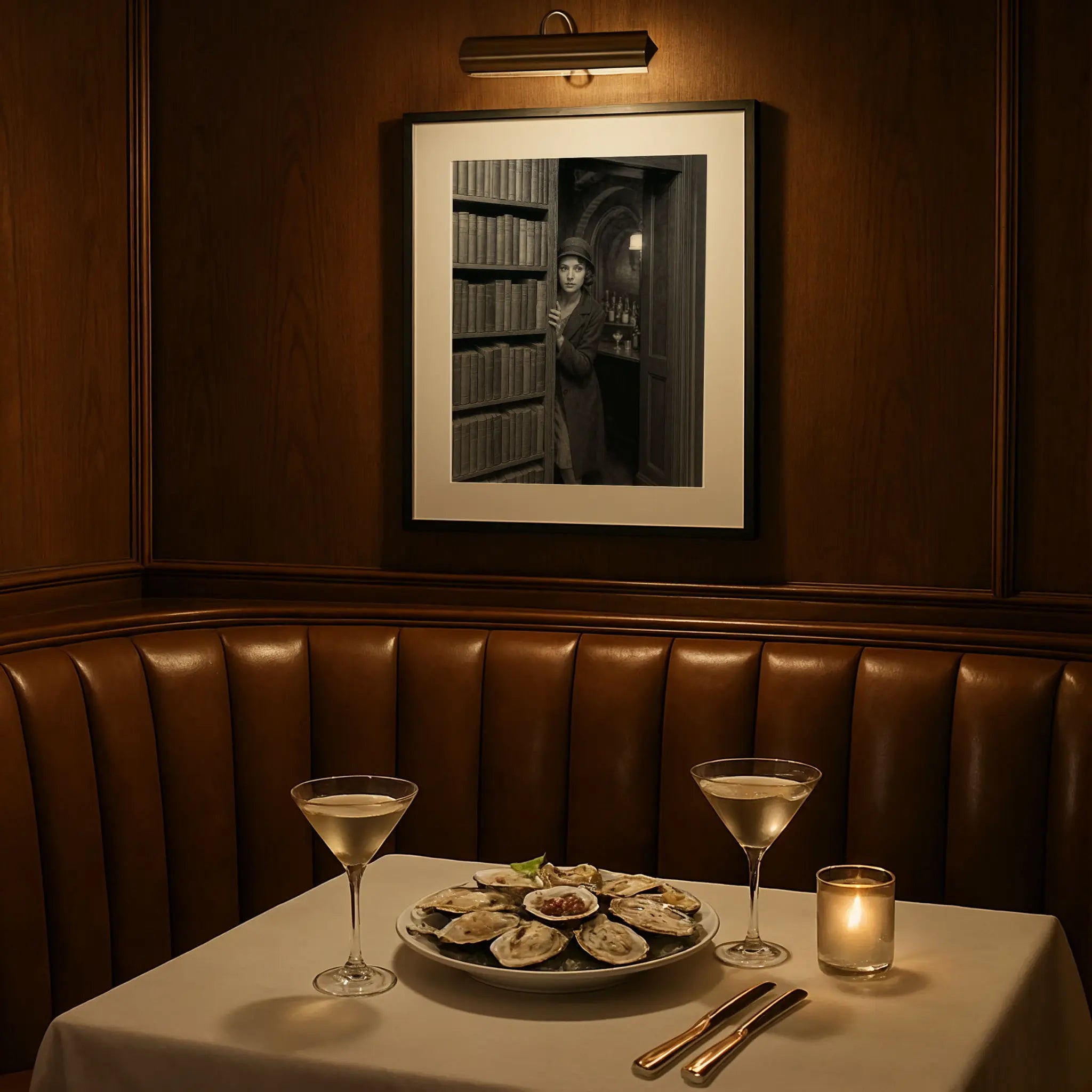 Speakeasy entrance print in elegant restaurant booth with martini glasses and fine dining atmosphere