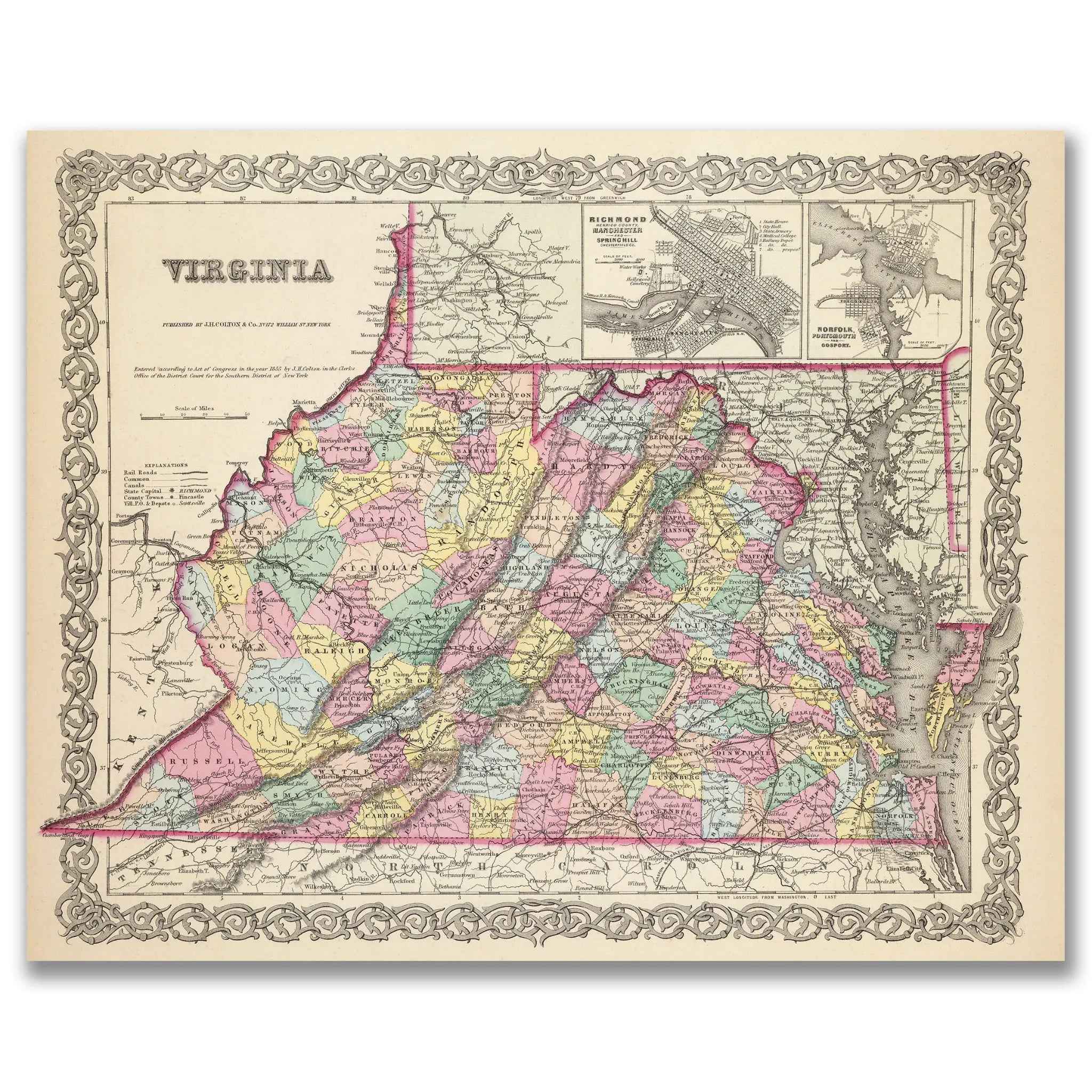 Virginia Map - Vintage 1855 Colton Historical Map for Collectors