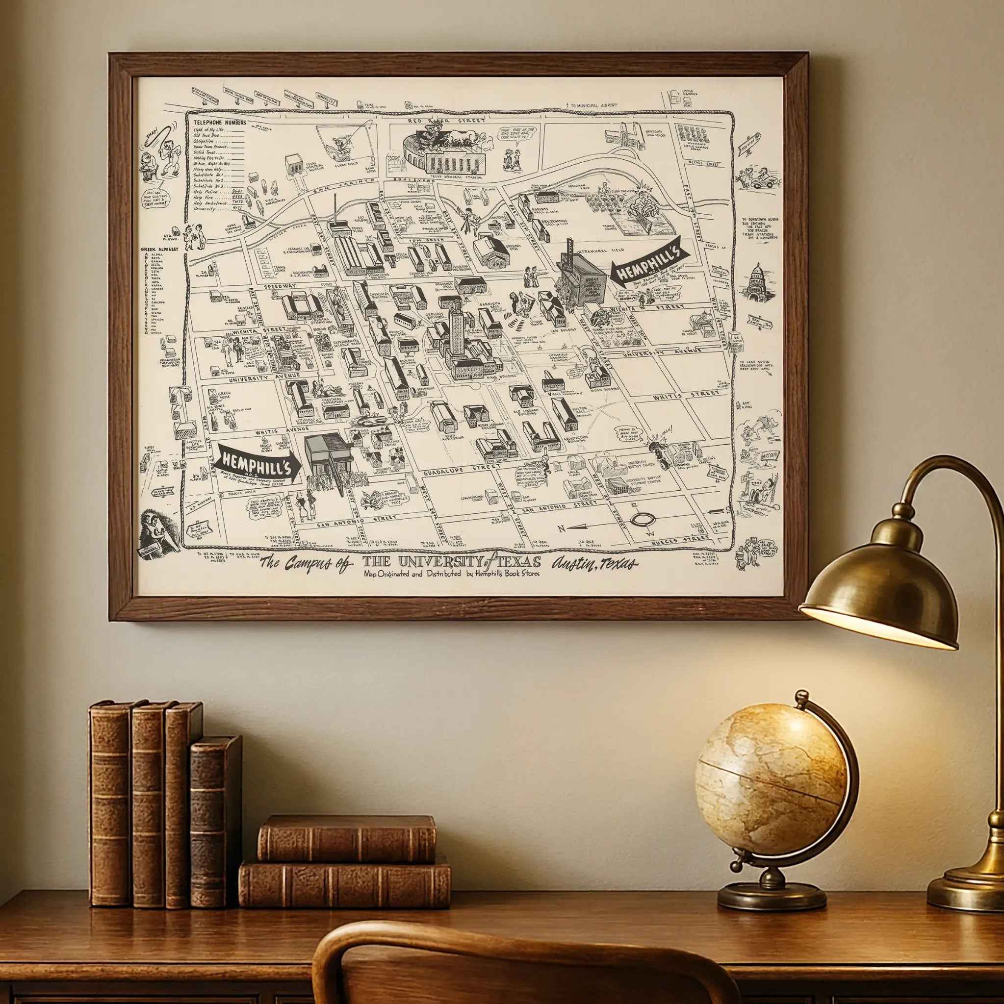 University of Texas Vintage Map - 1945 Illustrated Campus Life in Austin