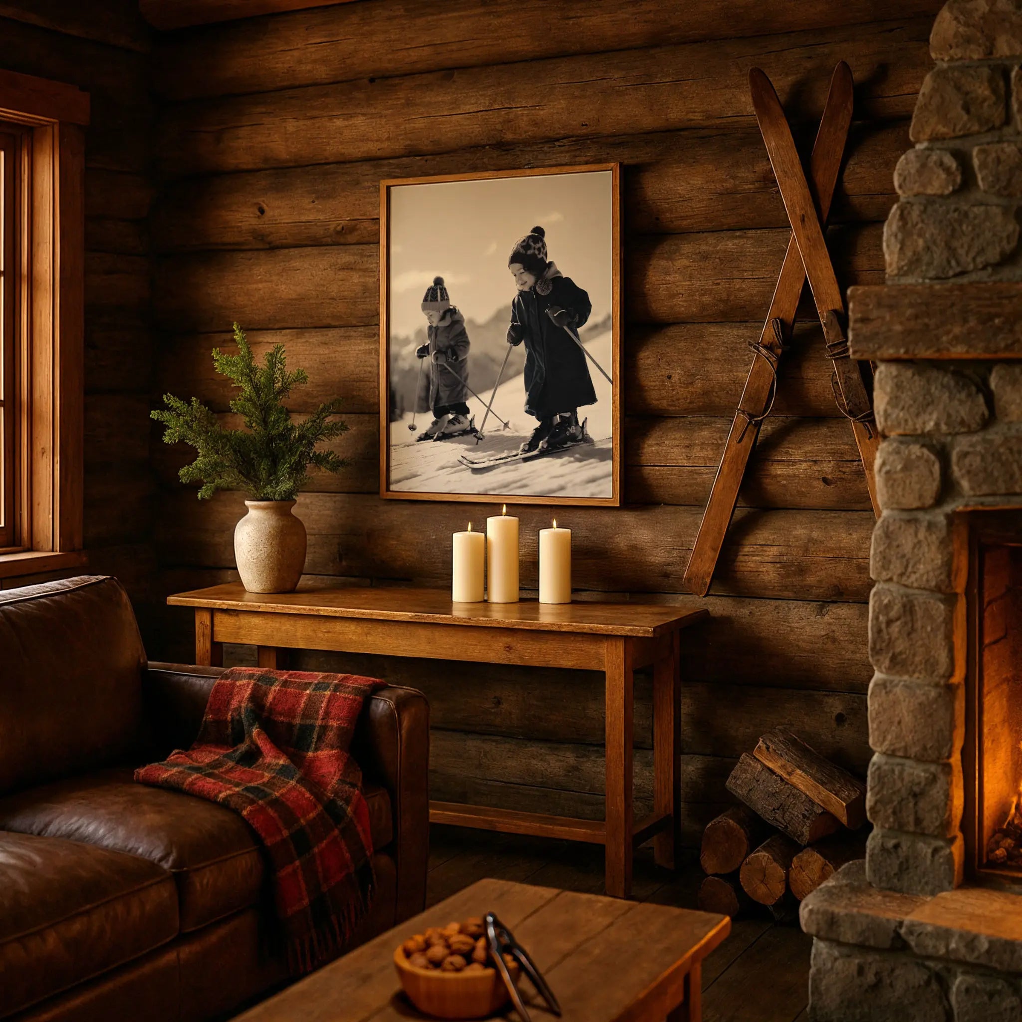 Vintage Children Skiing Photo in Cozy Alpine Retreat