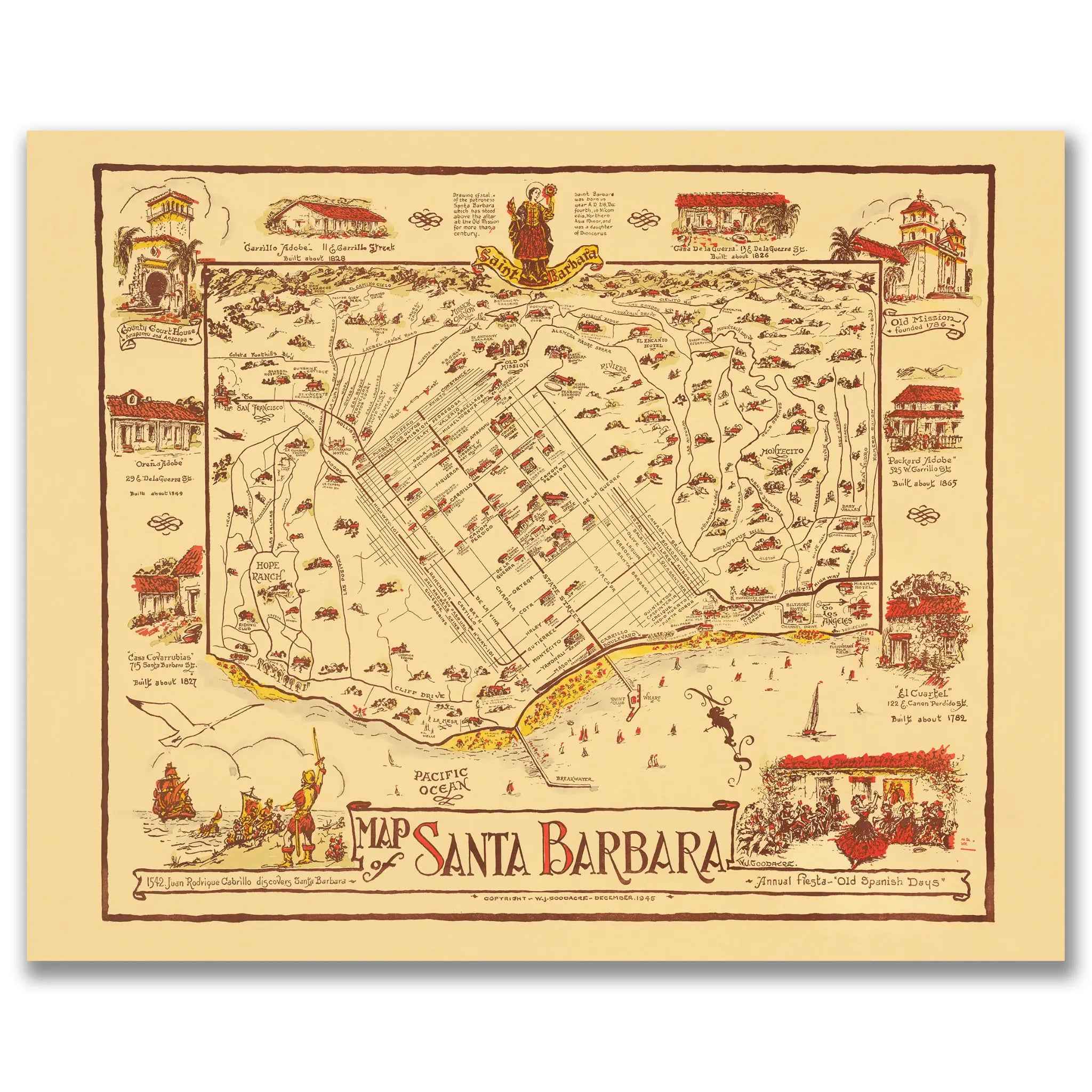 Santa Barbara Vintage Map - 1945 Fiesta & Old Spanish Days Pictorial Art