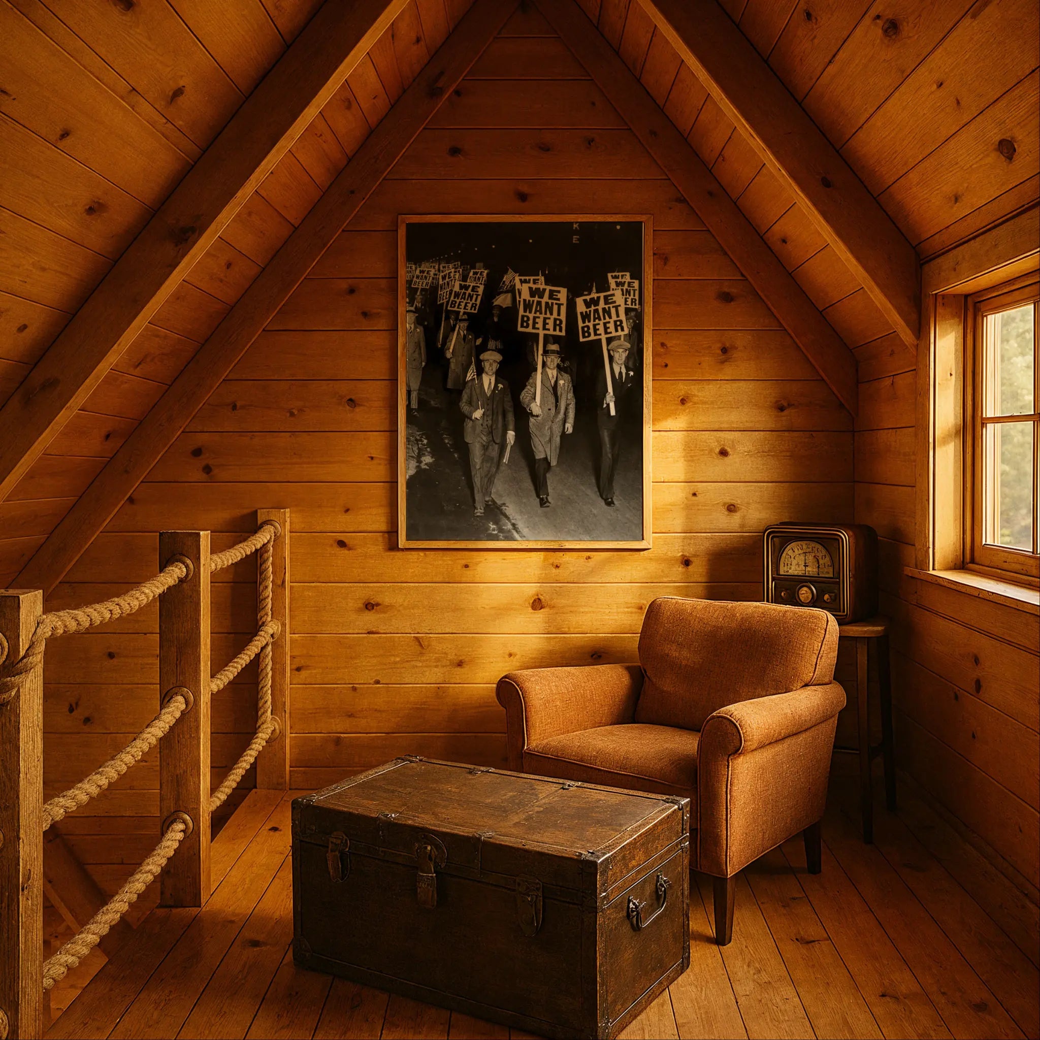 Historic protest print in rustic cabin setting with leather chair and vintage radio