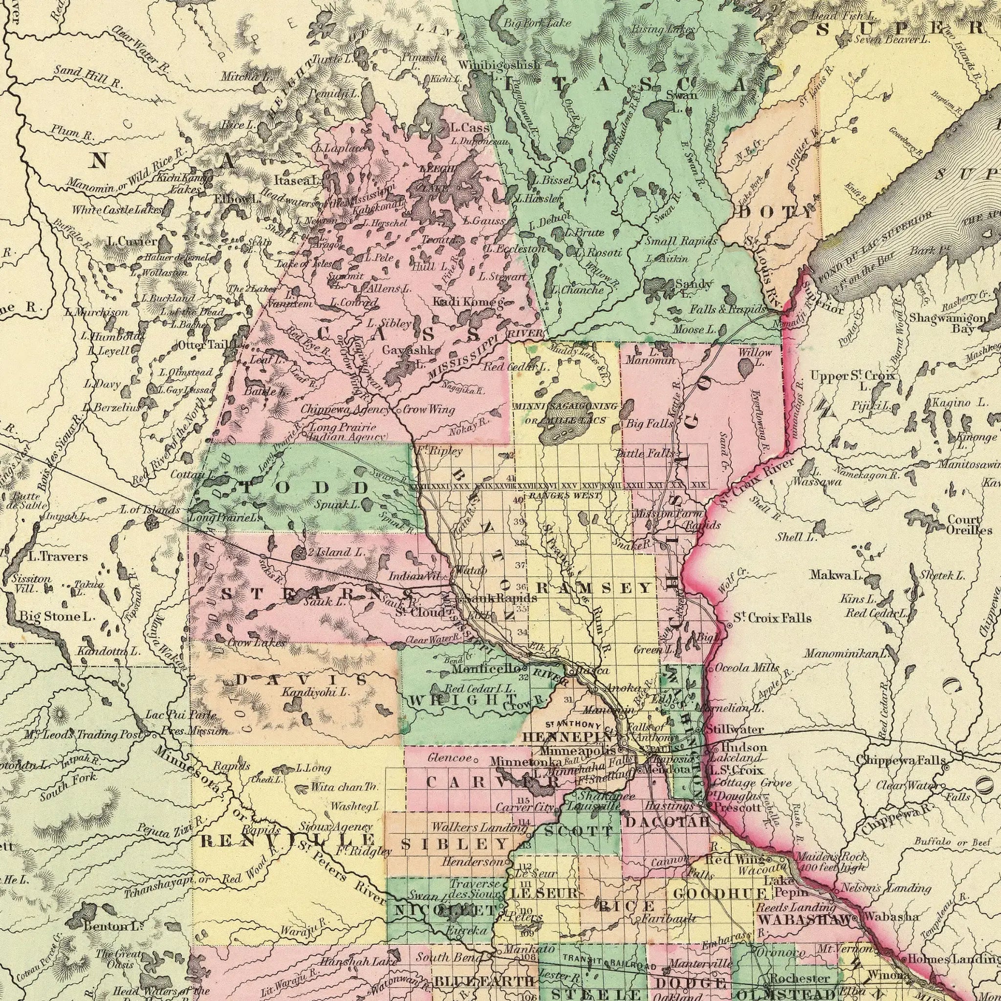 1856 Minnesota Map by Colton - Detailed View