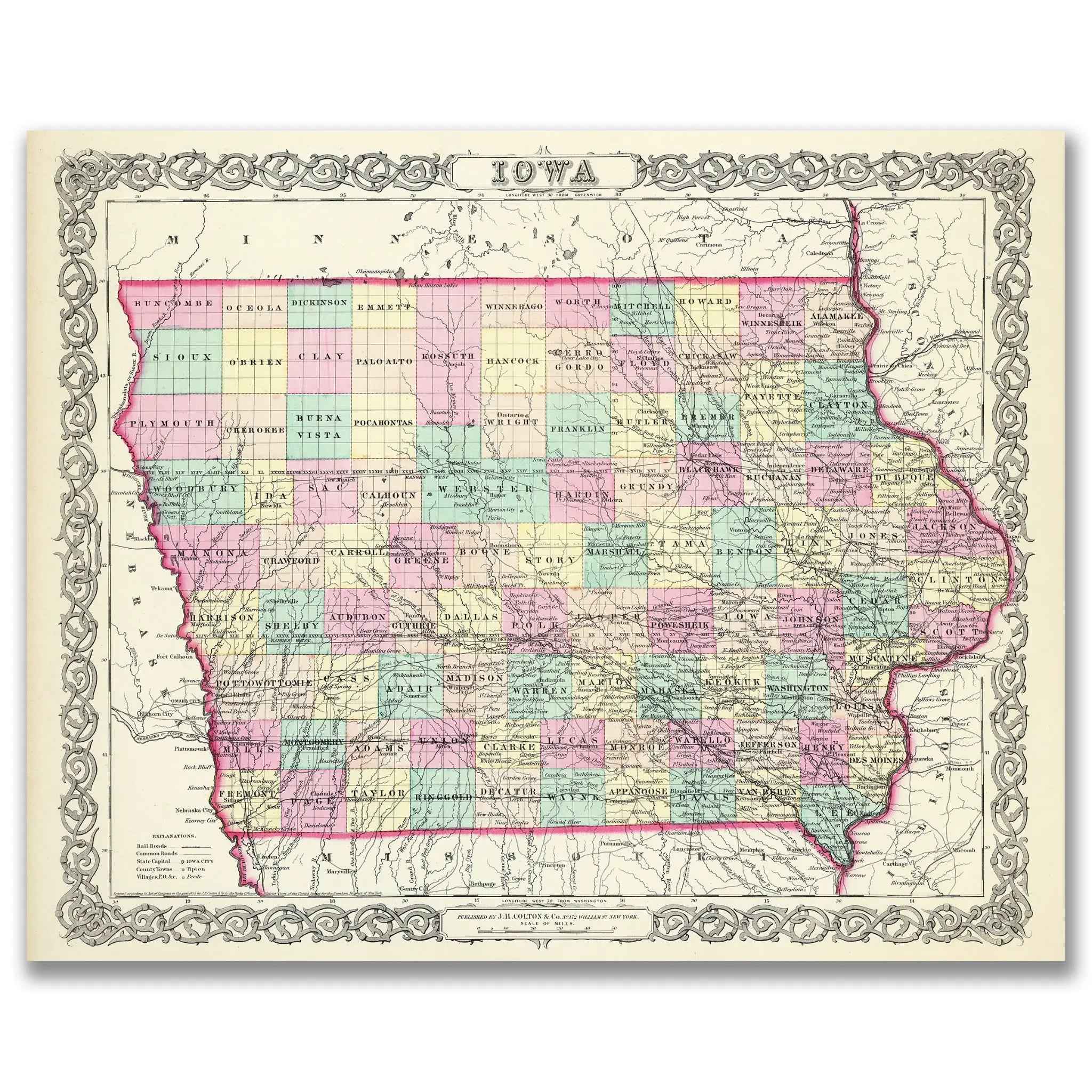 Iowa Map - Vintage State Map by Colton for Home Decor and Travel Enthusiasts